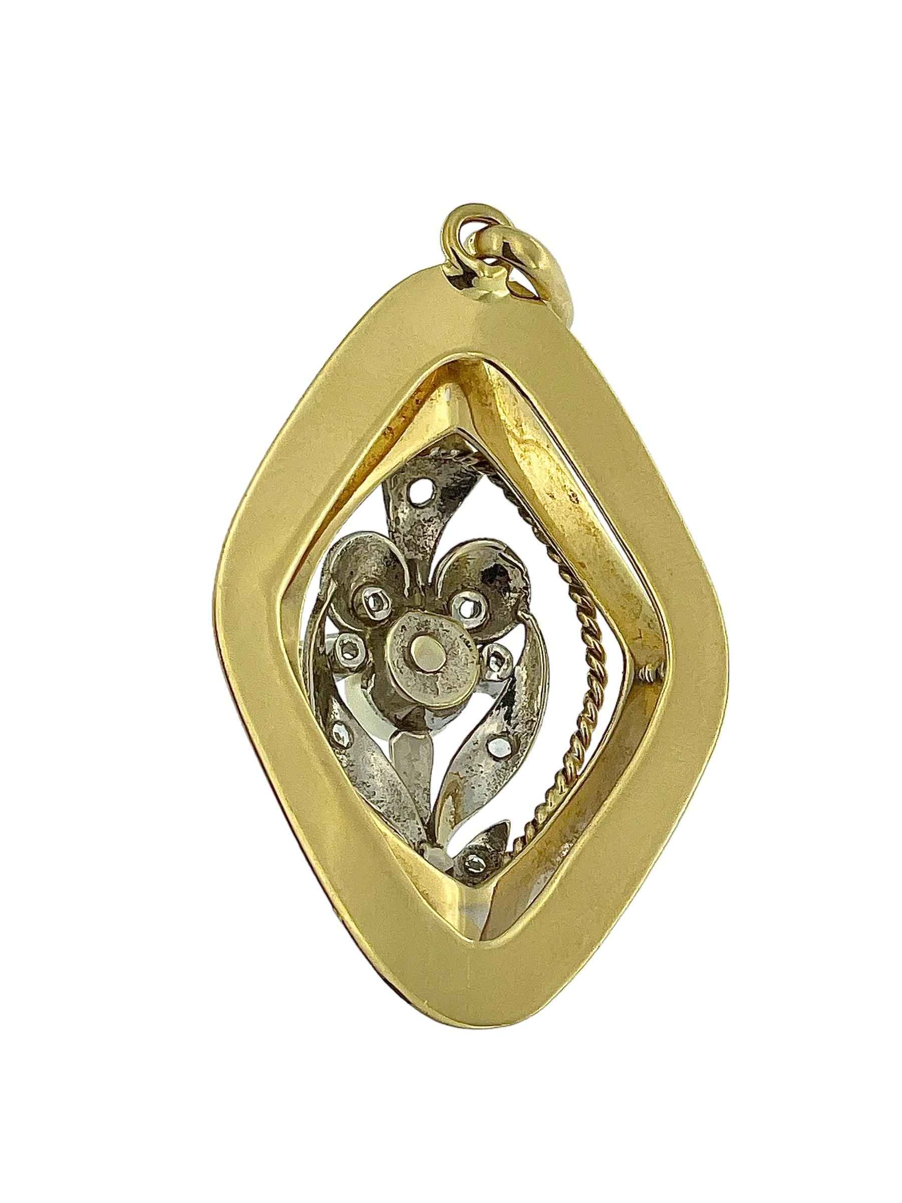 Brilliant Cut Vintage French Yellow and White Gold Pendant with Diamonds and White Pearl For Sale