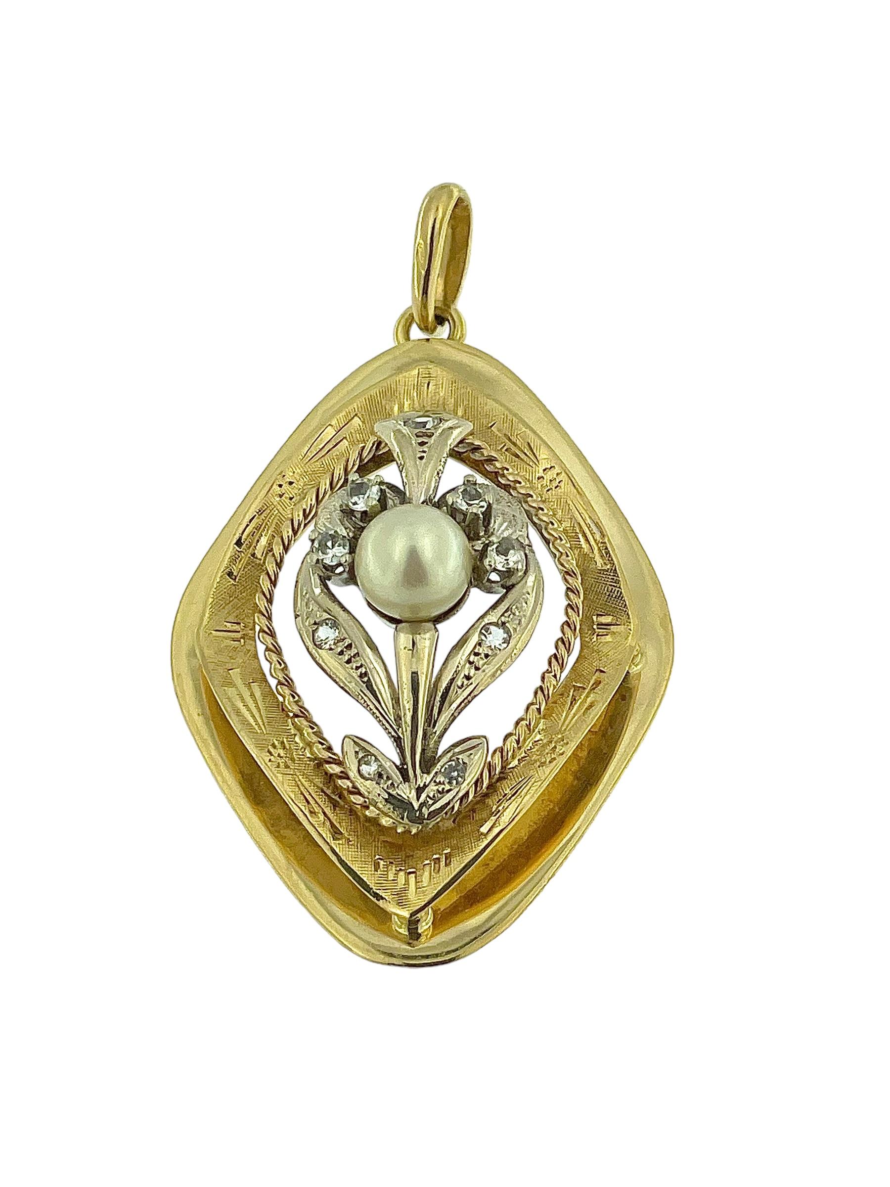 Vintage French Yellow and White Gold Pendant with Diamonds and White Pearl In Good Condition For Sale In Esch sur Alzette, Esch-sur-Alzette