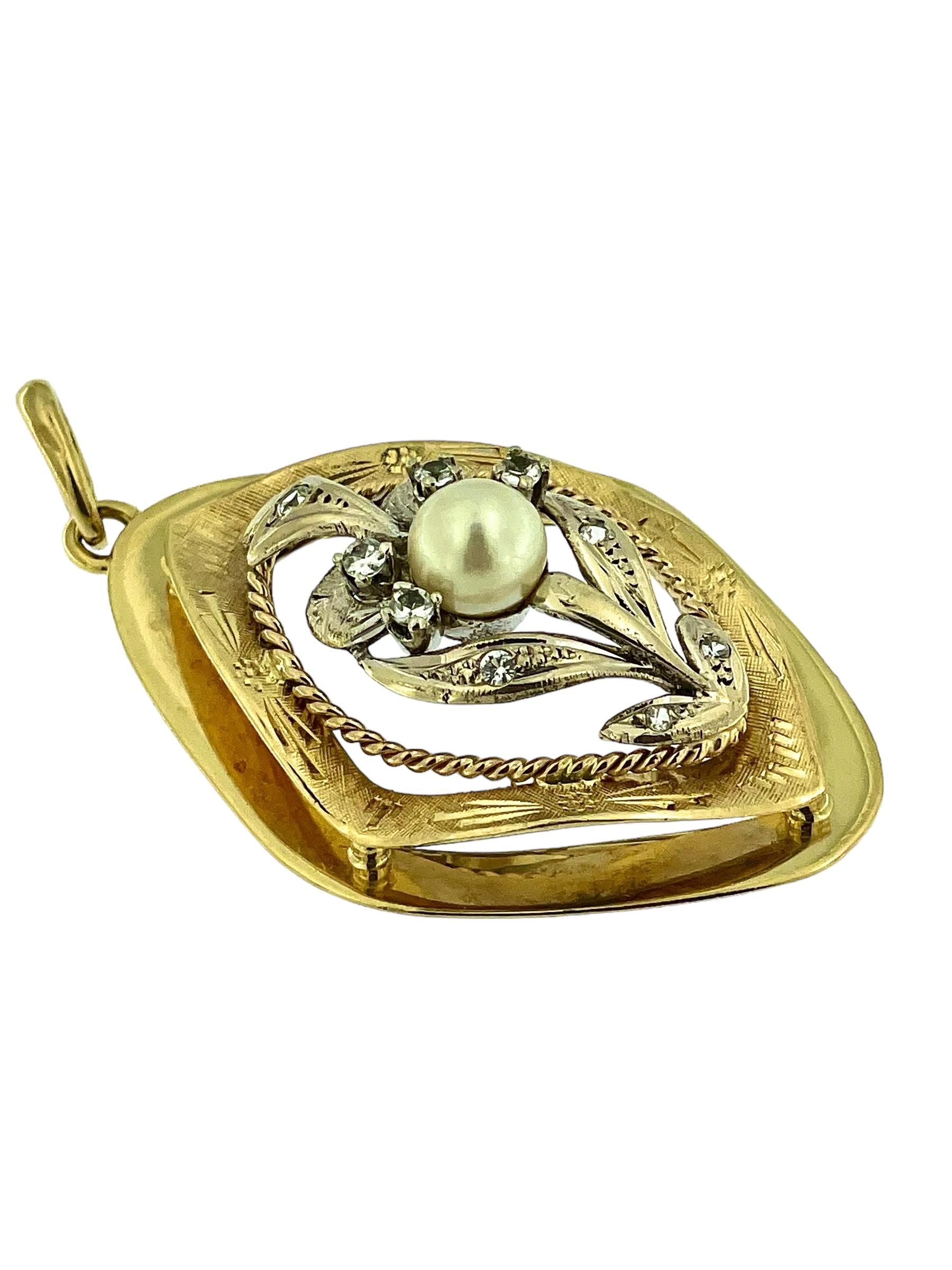 Women's or Men's Vintage French Yellow and White Gold Pendant with Diamonds and White Pearl For Sale
