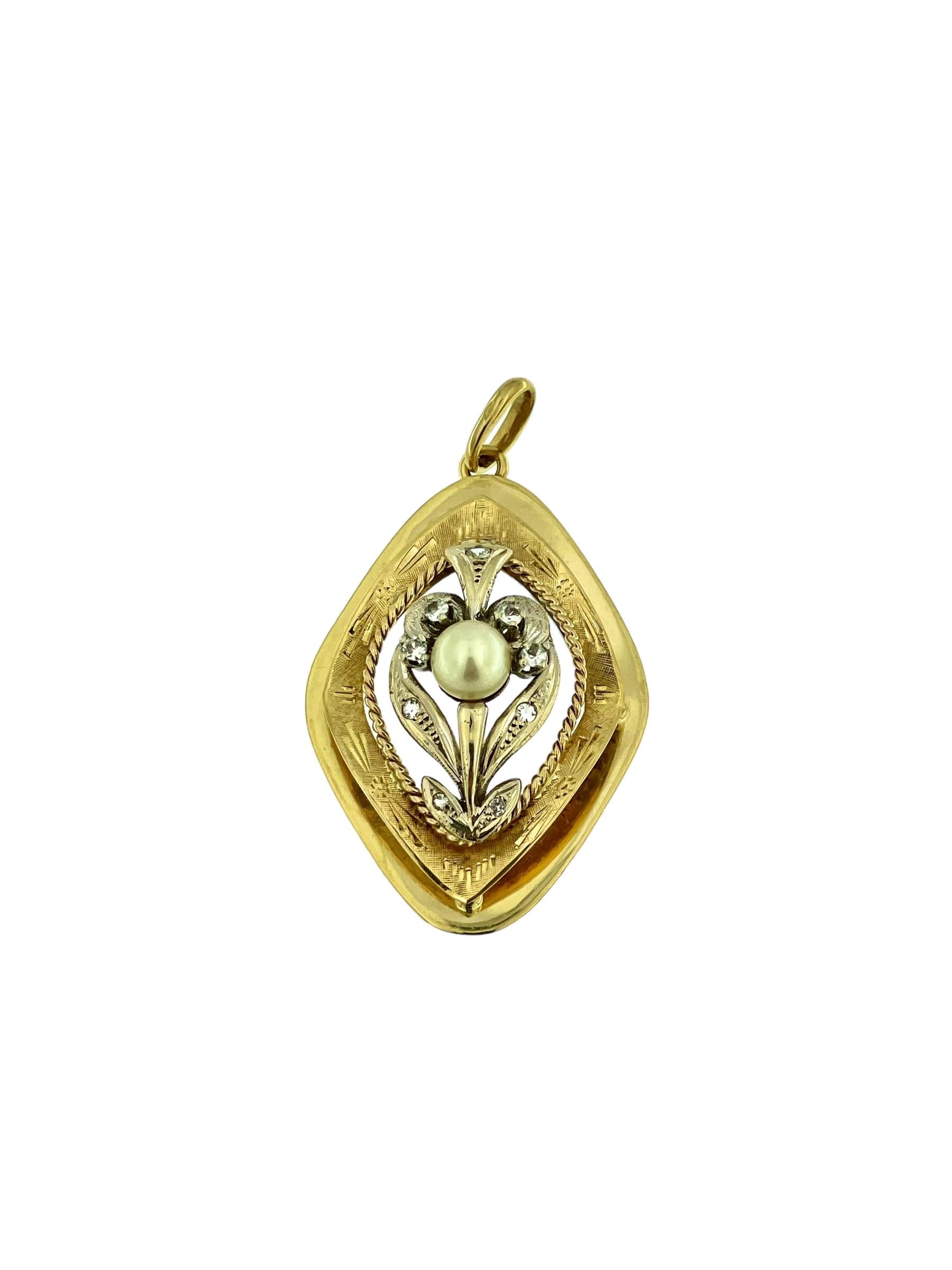 Vintage French Yellow and White Gold Pendant with Diamonds and White Pearl For Sale 1