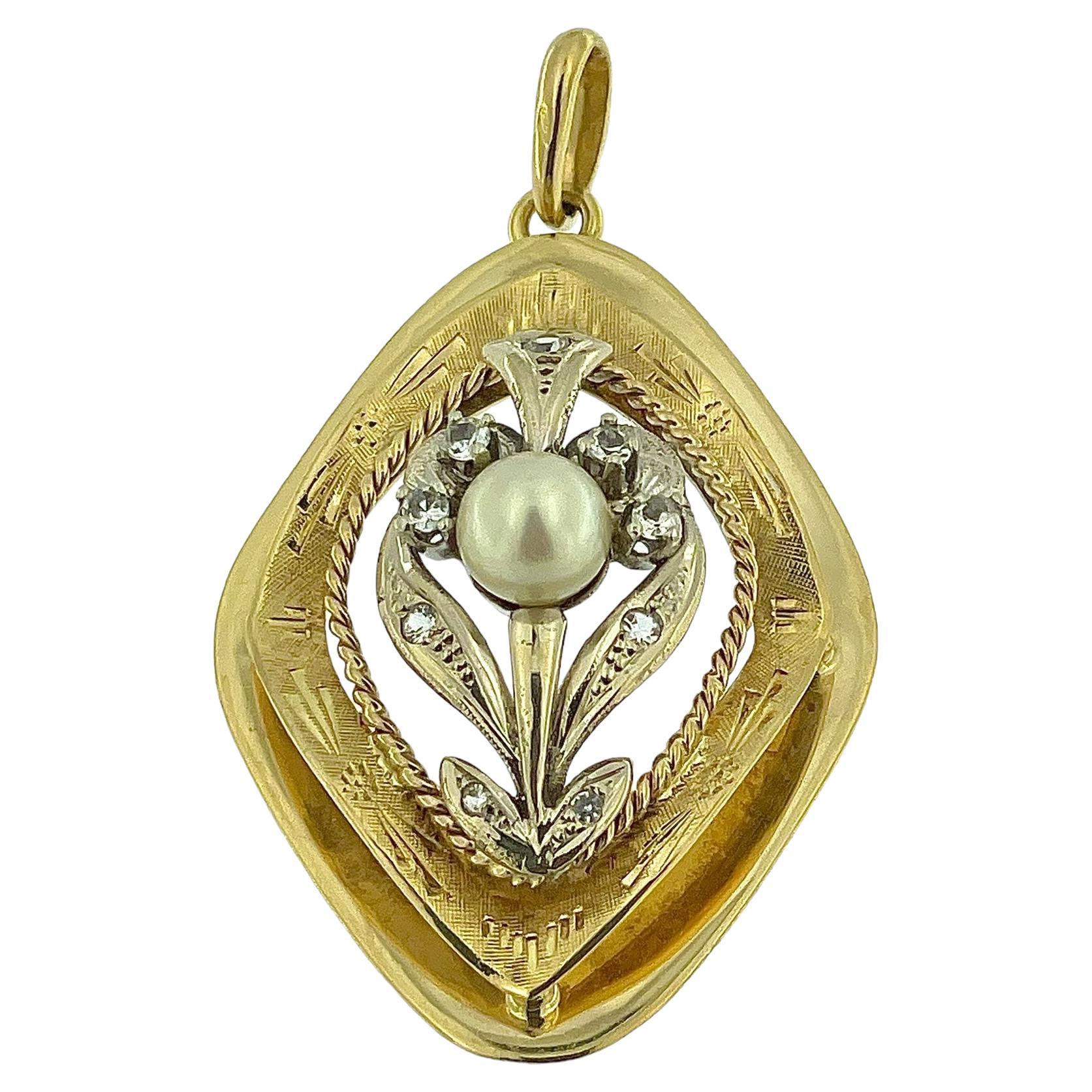 Vintage French Yellow and White Gold Pendant with Diamonds and White Pearl