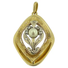 Vintage French Yellow and White Gold Pendant with Diamonds and White Pearl