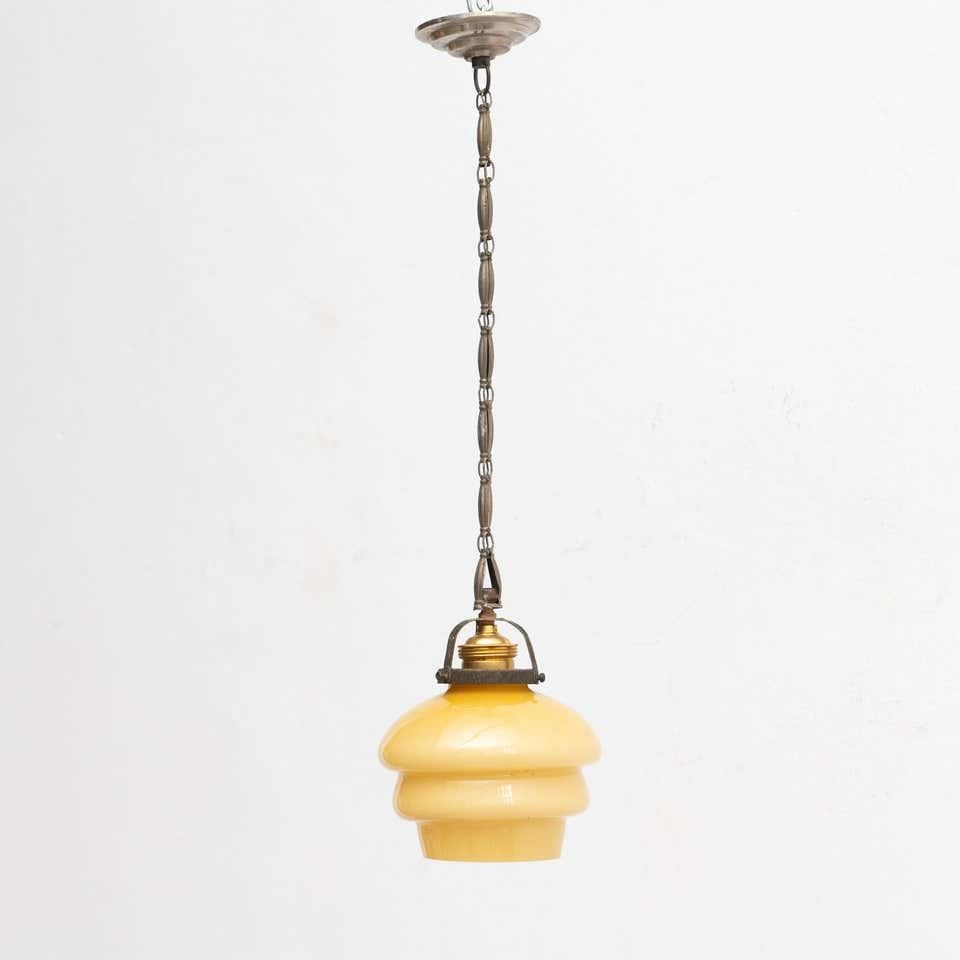 Mid-Century Modern Vintage French Yellow Glass Ceiling Lamp, circa 1930 For Sale