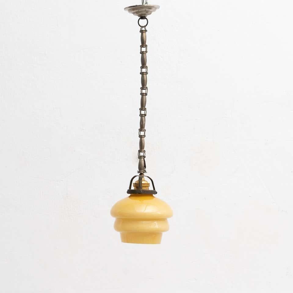 Mid-Century Modern Vintage French Yellow Glass Ceiling Lamp, circa 1930 For Sale