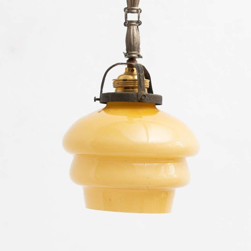 Mid-20th Century Vintage French Yellow Glass Ceiling Lamp, circa 1930 For Sale