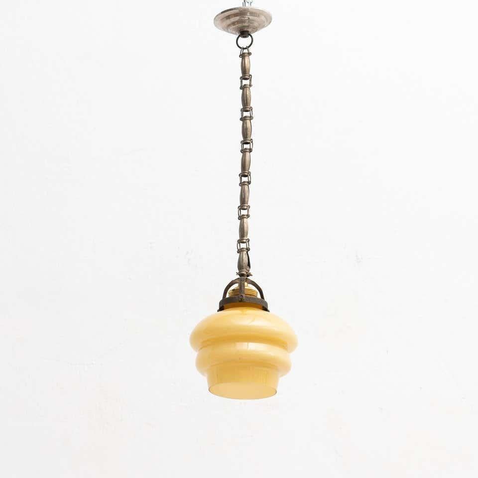 Mid-20th Century Vintage French Yellow Glass Ceiling Lamp, circa 1930 For Sale