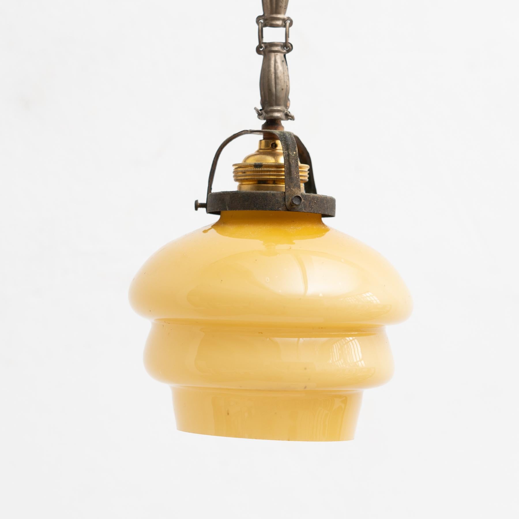 Metal Vintage French Yellow Glass Ceiling Lamp, circa 1930