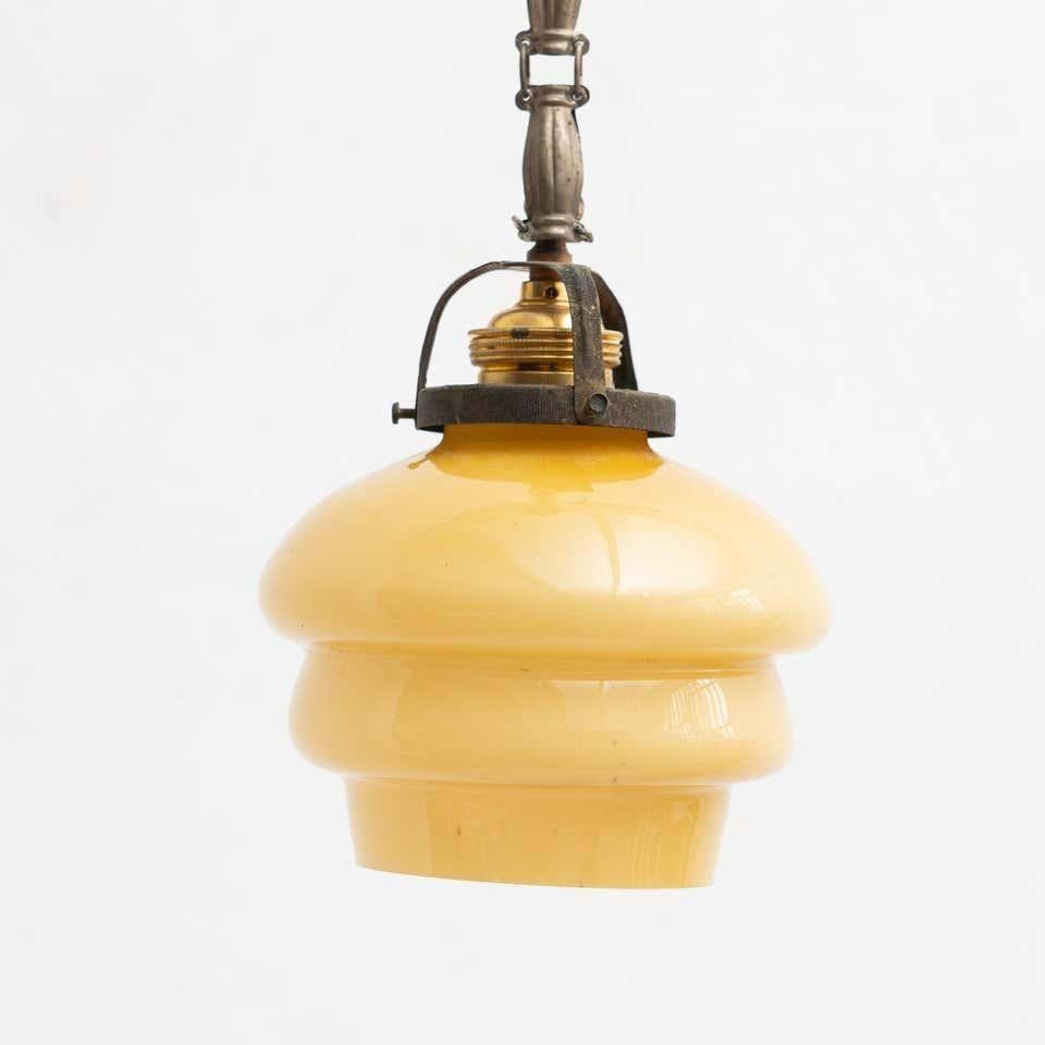 Metal Vintage French Yellow Glass Ceiling Lamp, circa 1930 For Sale