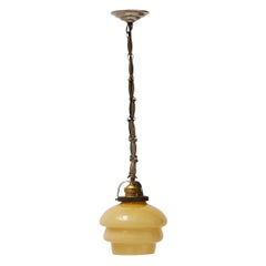 Vintage French Yellow Glass Ceiling Lamp, Metal Fixture, Circa 1930