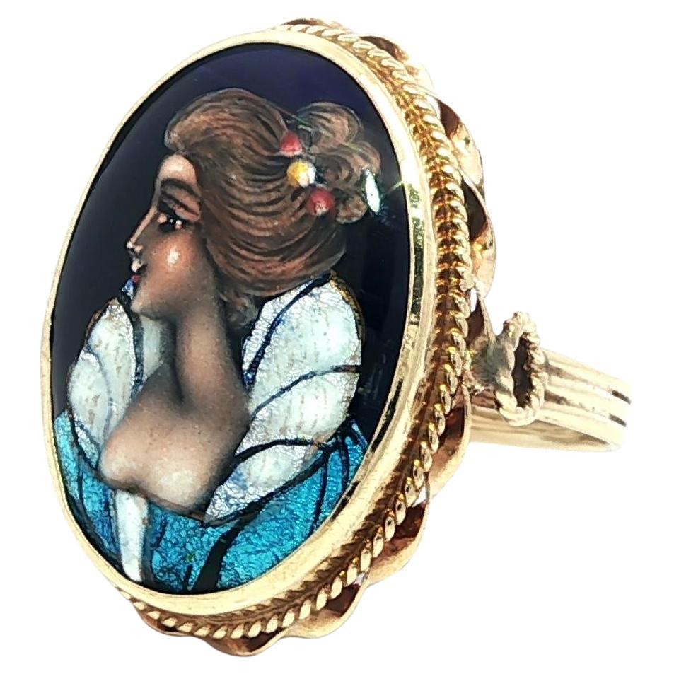 Vintage French Yellow Gold Hand Painted Glass Lady Portrait Oval Cocktail Ring