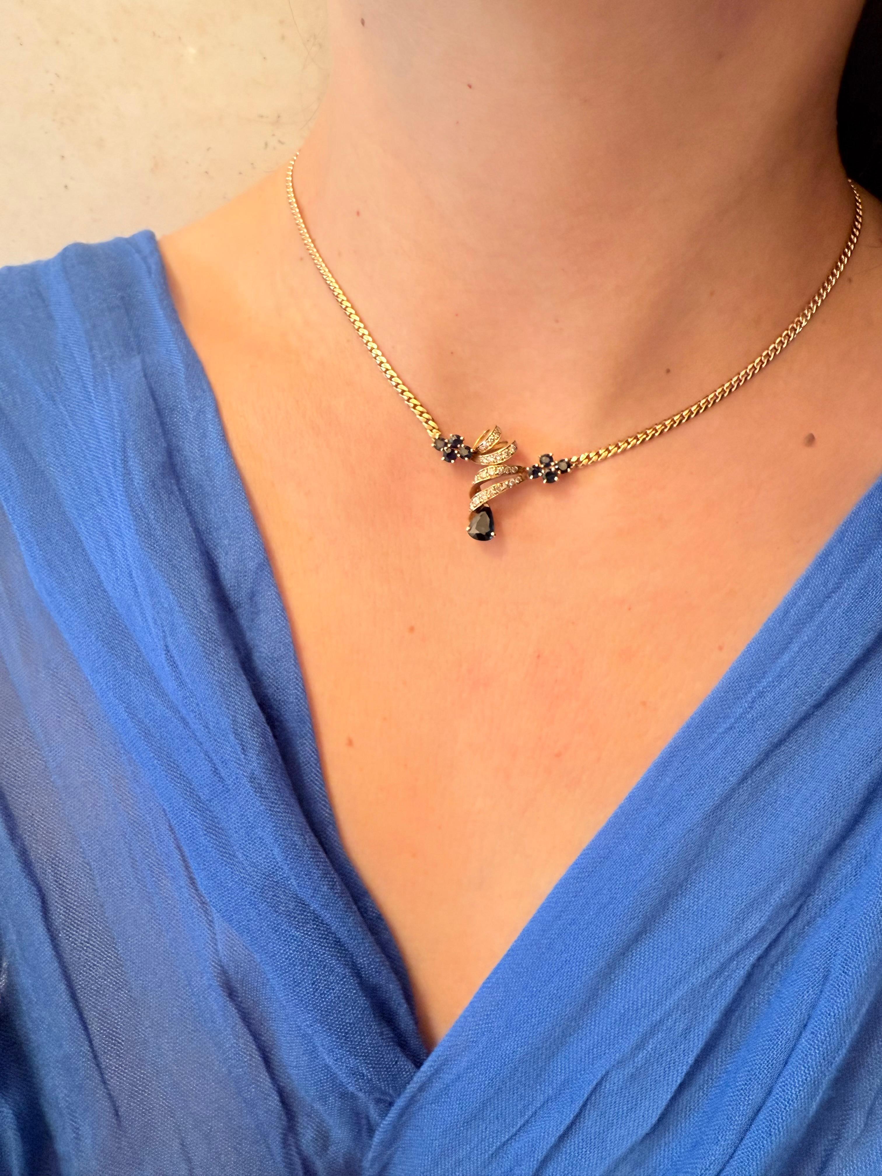 Französische Gelbgold-Halskette im Vintage-Stil mit Diamanten und Saphiren im Angebot 4
