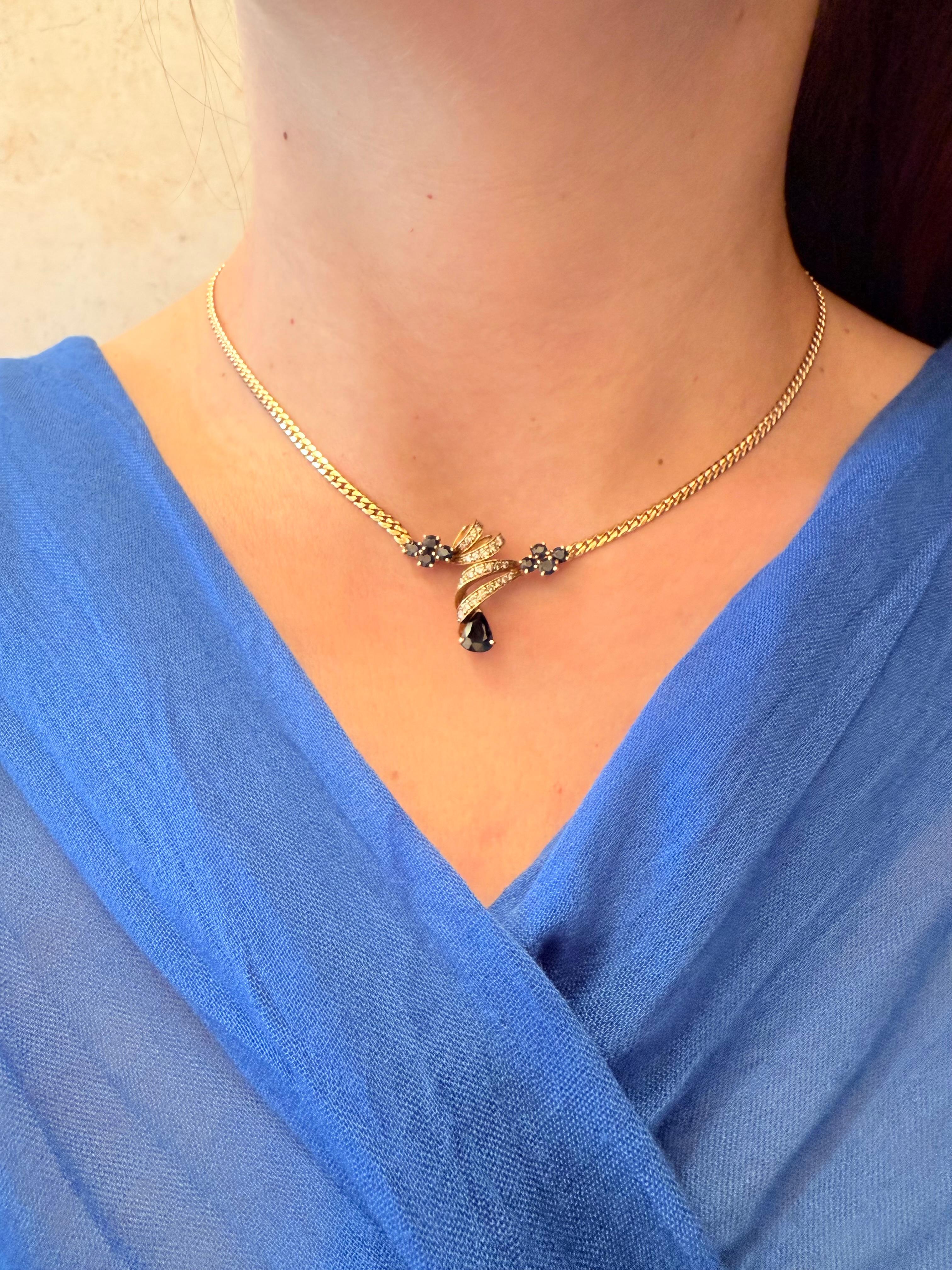 Französische Gelbgold-Halskette im Vintage-Stil mit Diamanten und Saphiren im Angebot 5