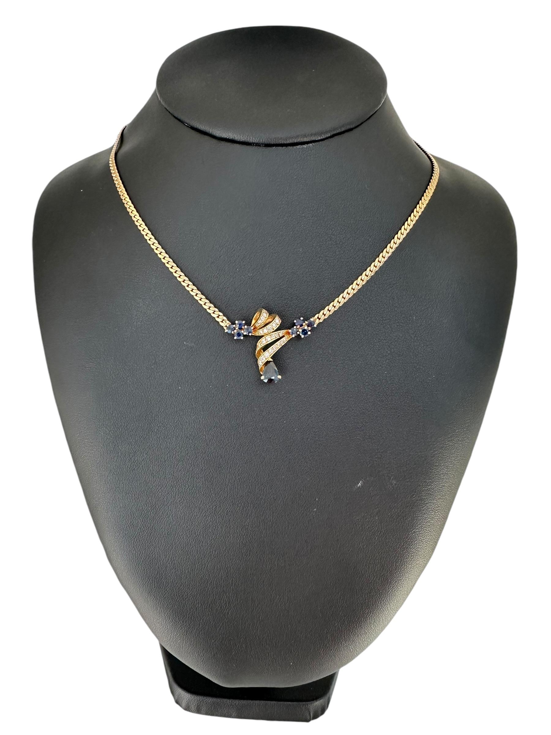Artisan Vintage French Yellow Gold Necklace with Diamonds and Sapphires For Sale