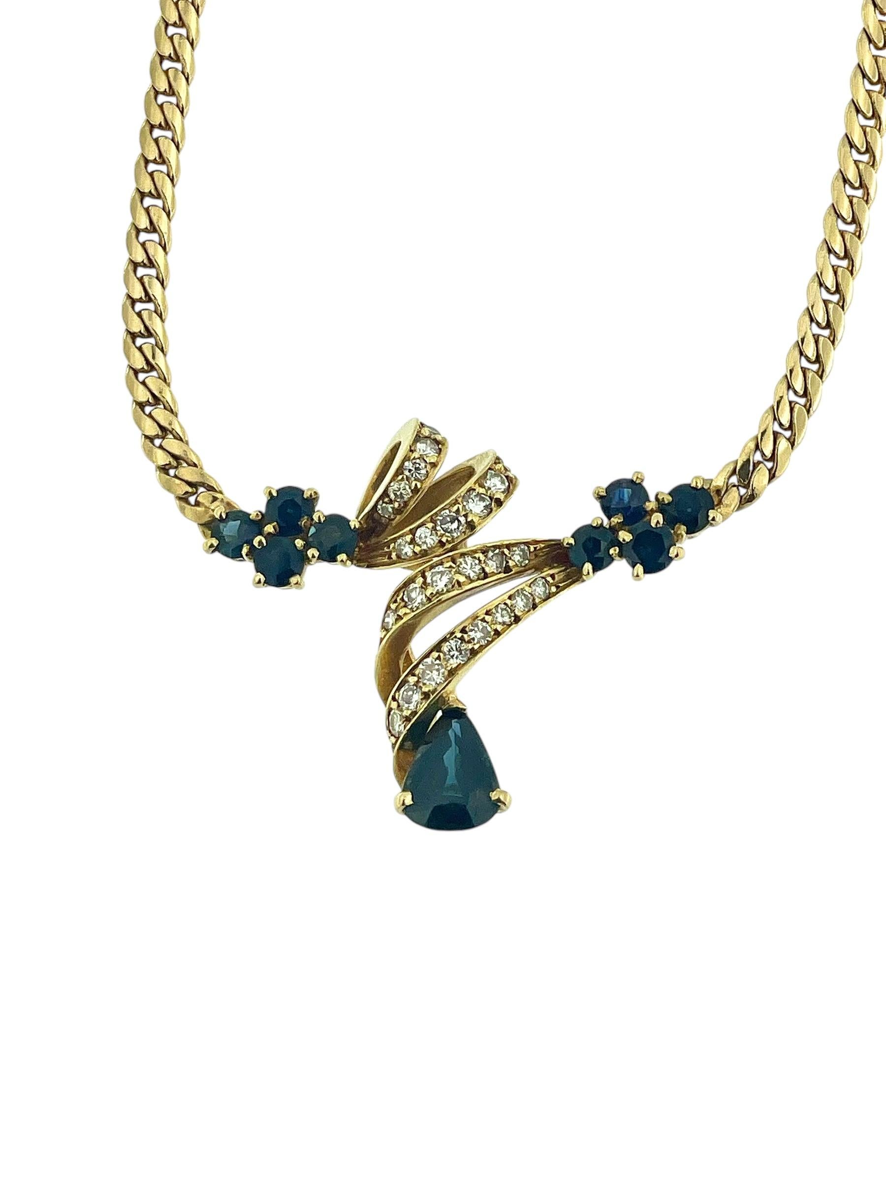 Women's Vintage French Yellow Gold Necklace with Diamonds and Sapphires For Sale