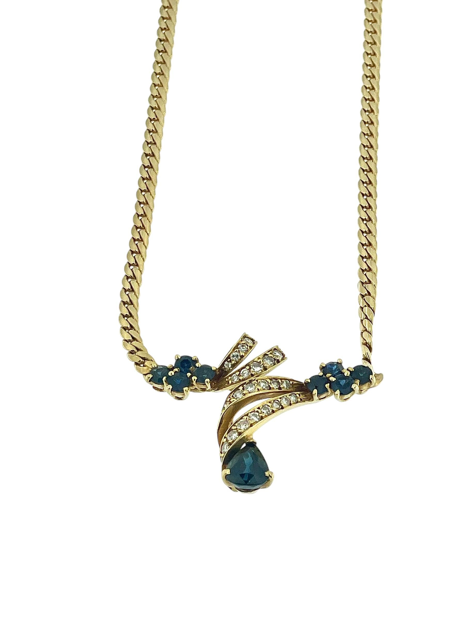 Vintage French Yellow Gold Necklace with Diamonds and Sapphires For Sale 1