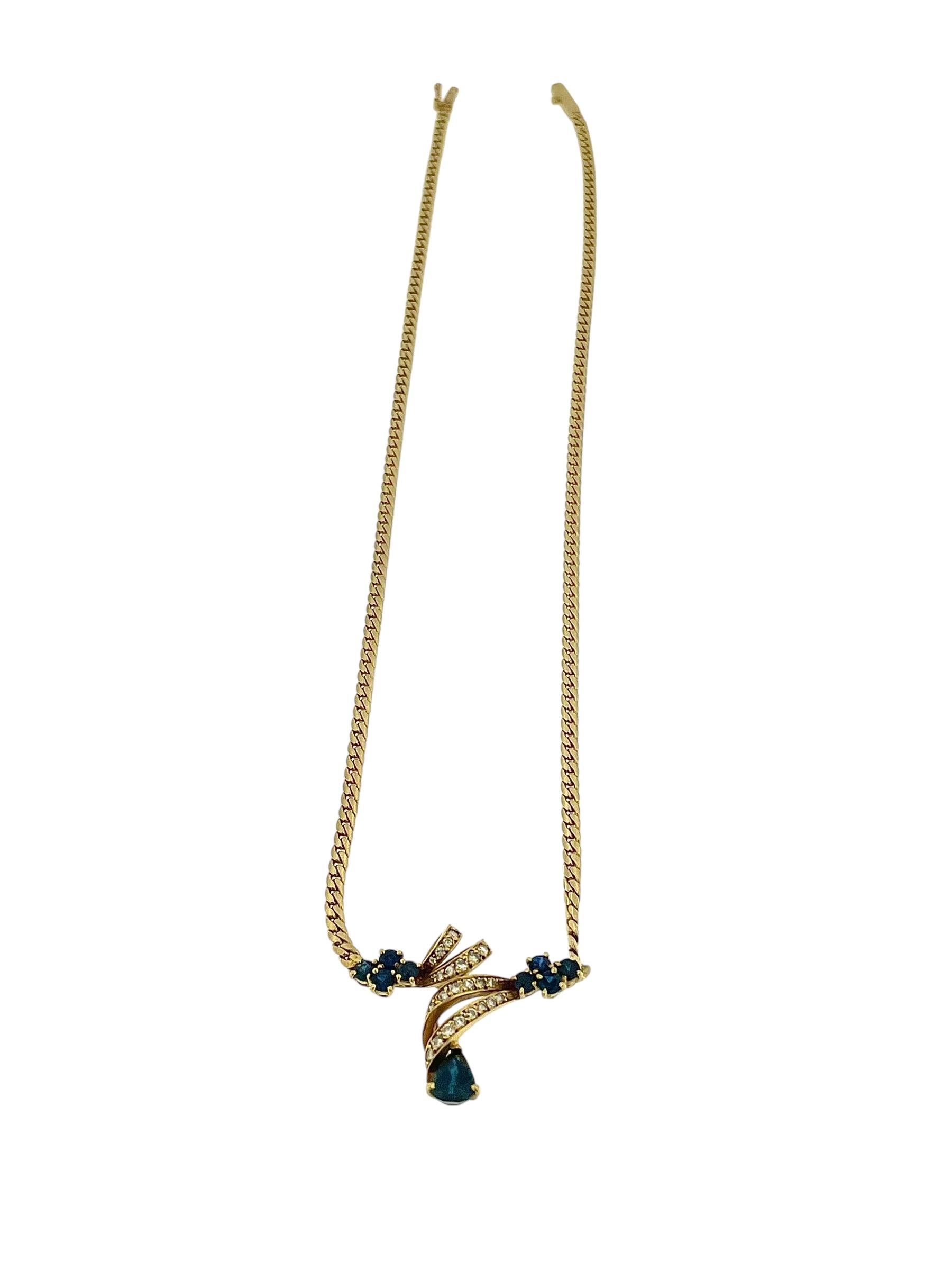 Vintage French Yellow Gold Necklace with Diamonds and Sapphires For Sale 2