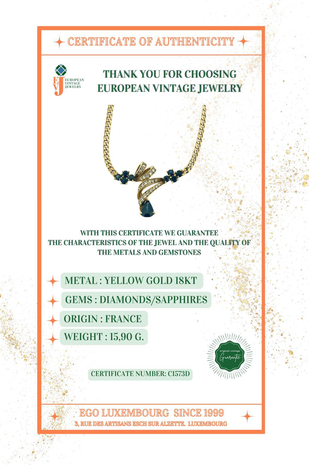 Vintage French Yellow Gold Necklace with Diamonds and Sapphires For Sale 3