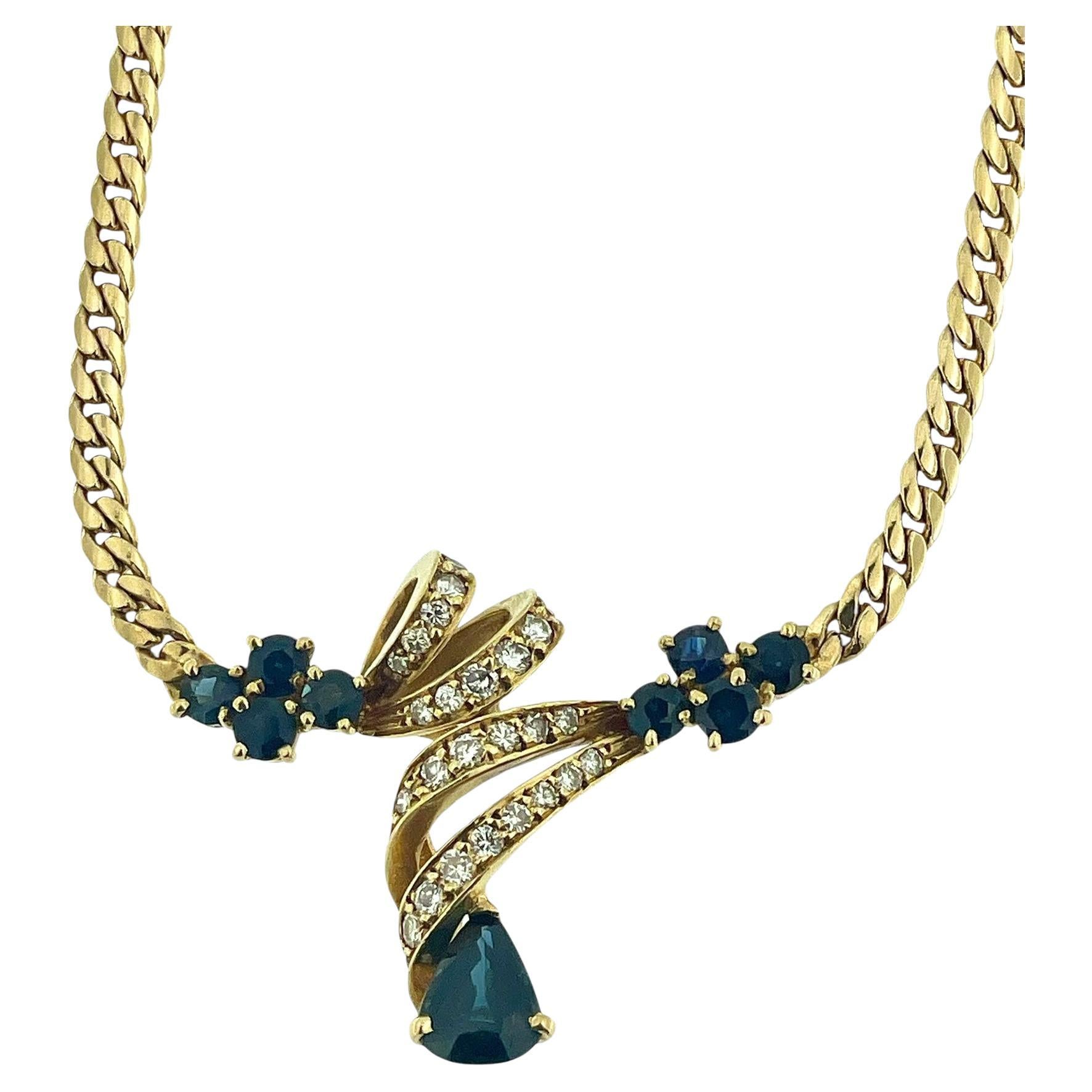 Vintage French Yellow Gold Necklace with Diamonds and Sapphires For Sale