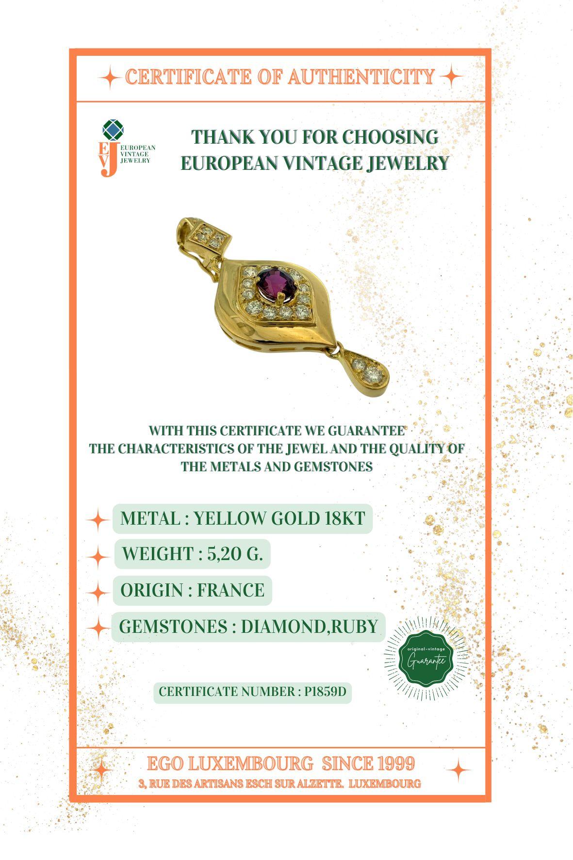 Französischer Gelbgold-Anhänger im Vintage-Stil mit Diamanten und Rubinen im Angebot 6