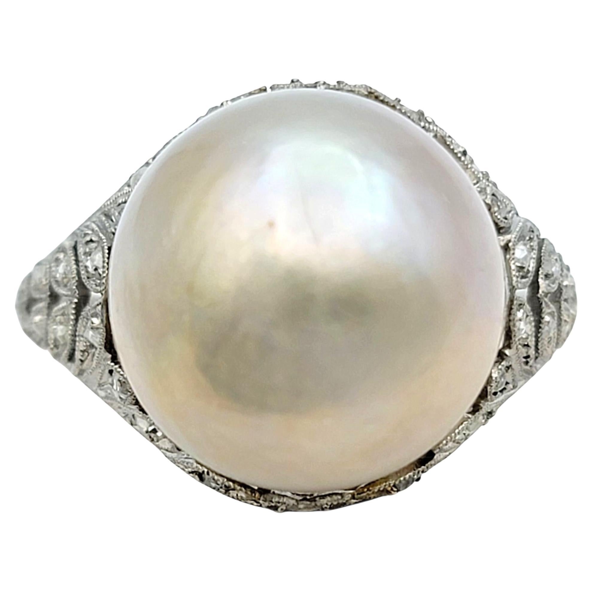 Vintage Süßwasserperle 
Diamant im Rosenschliff Filigraner Cocktail Ring in Platin im Angebot