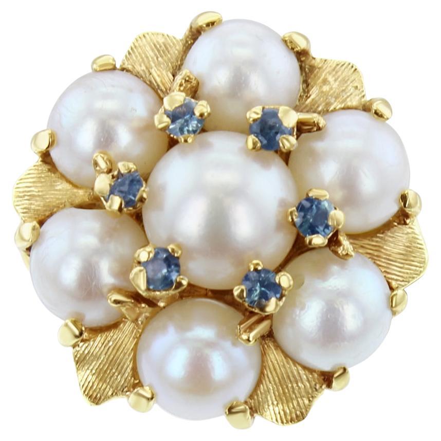 Anello a grappolo di perle d'acqua dolce vintage con accenti di topazio blu
