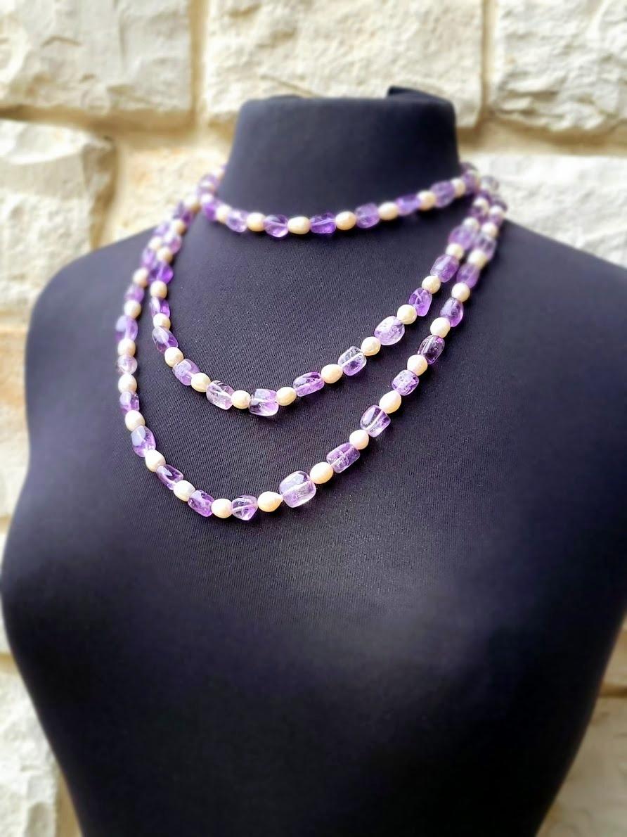 Art Deco Vintage Freshwater Pearls and Natural Lavender Amethyst Long Necklace 66