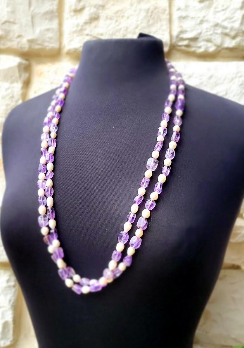 Bead Vintage Freshwater Pearls and Natural Lavender Amethyst Long Necklace 66