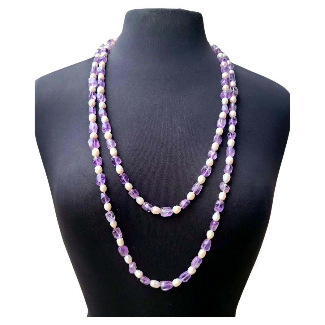 Vintage Freshwater Pearls and Natural Lavender Amethyst Long Necklace 66" For Sale