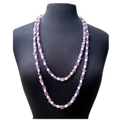 Antique Freshwater Pearls and Natural Lavender Amethyst Long Necklace 66"