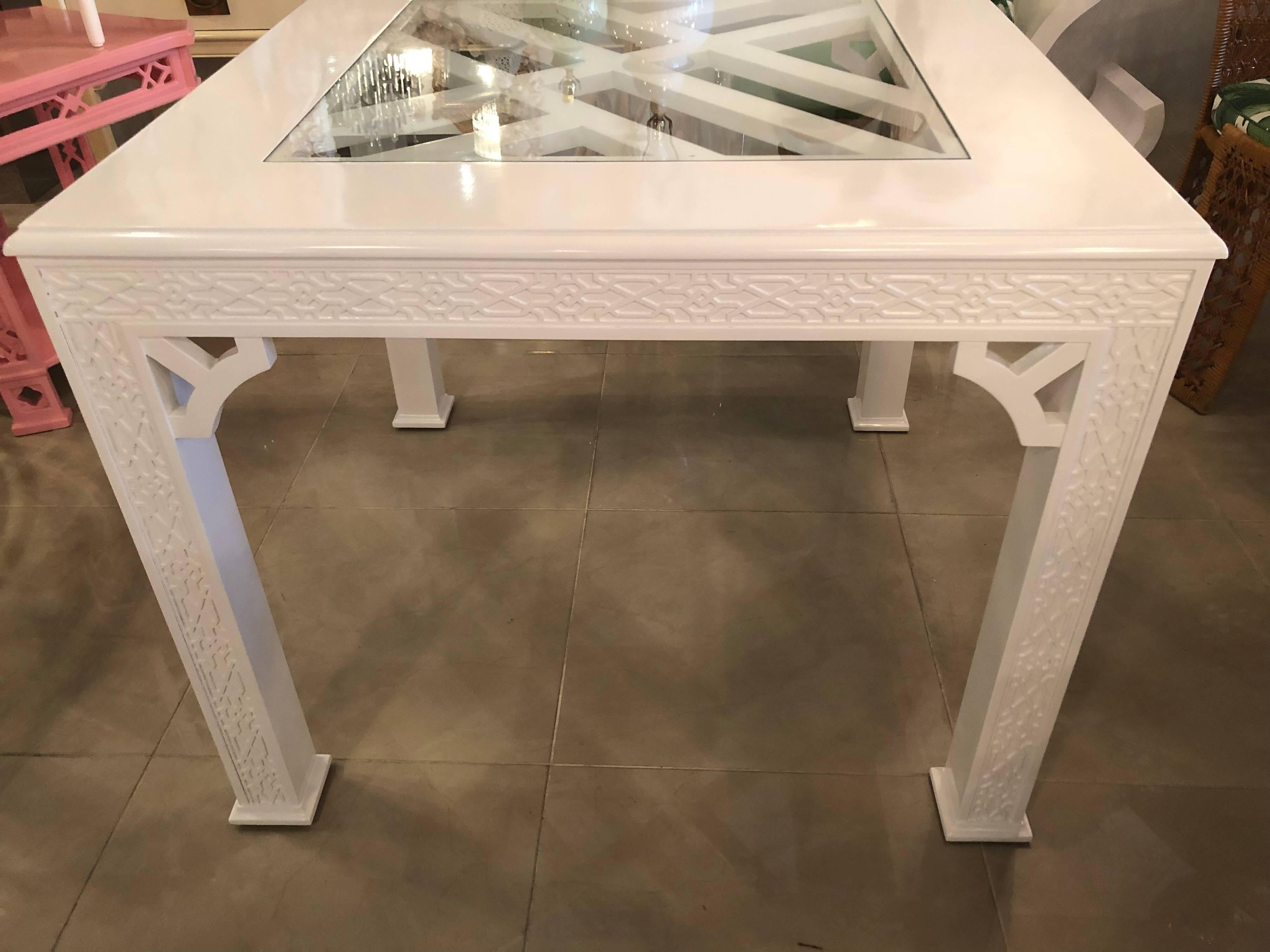 Vintage Fret Chinese Chippendale Game Dining Table Lacquered White Palm Beach 2