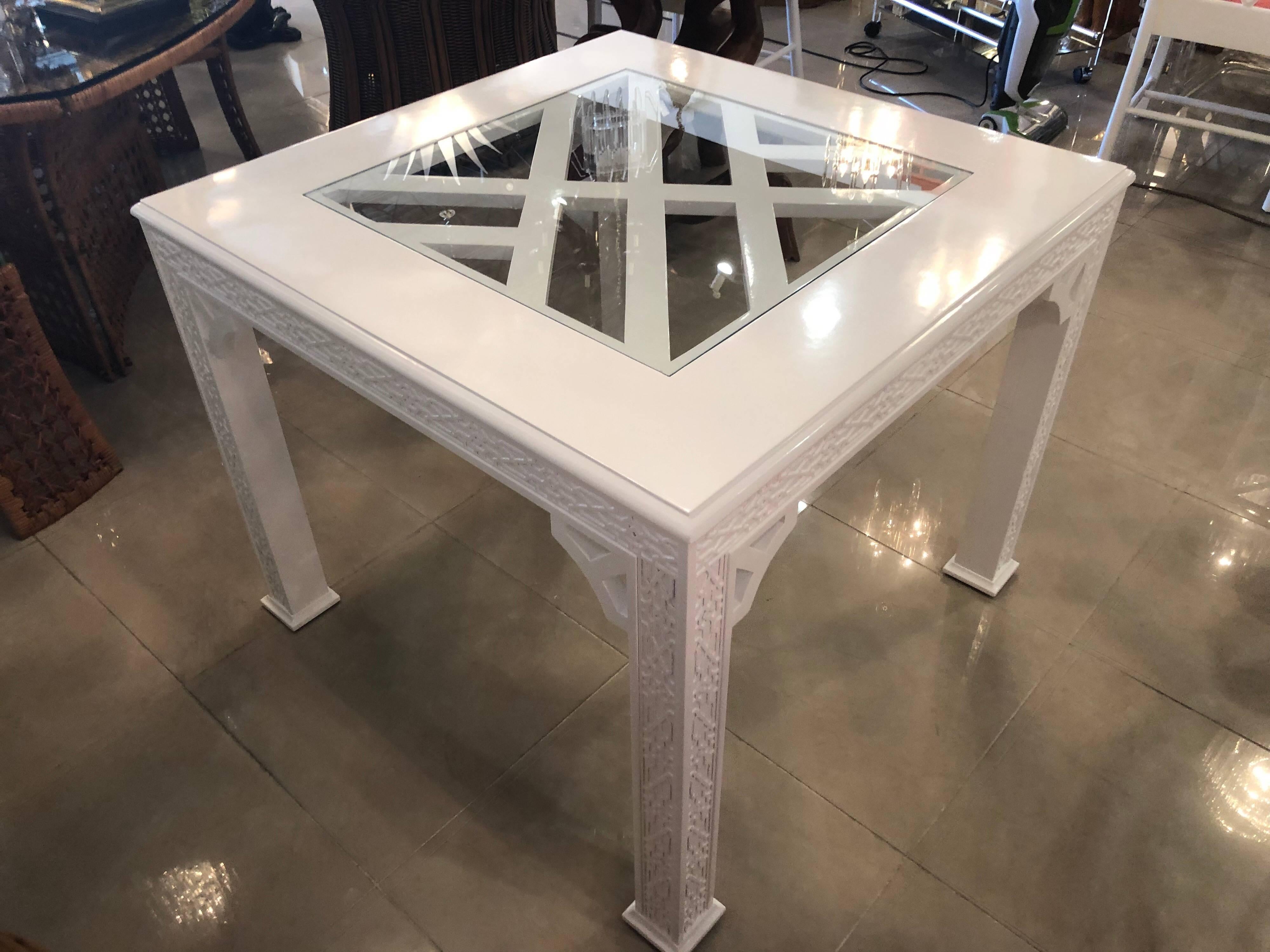 Hollywood Regency Vintage Fret Chinese Chippendale Game Dining Table Lacquered White Palm Beach