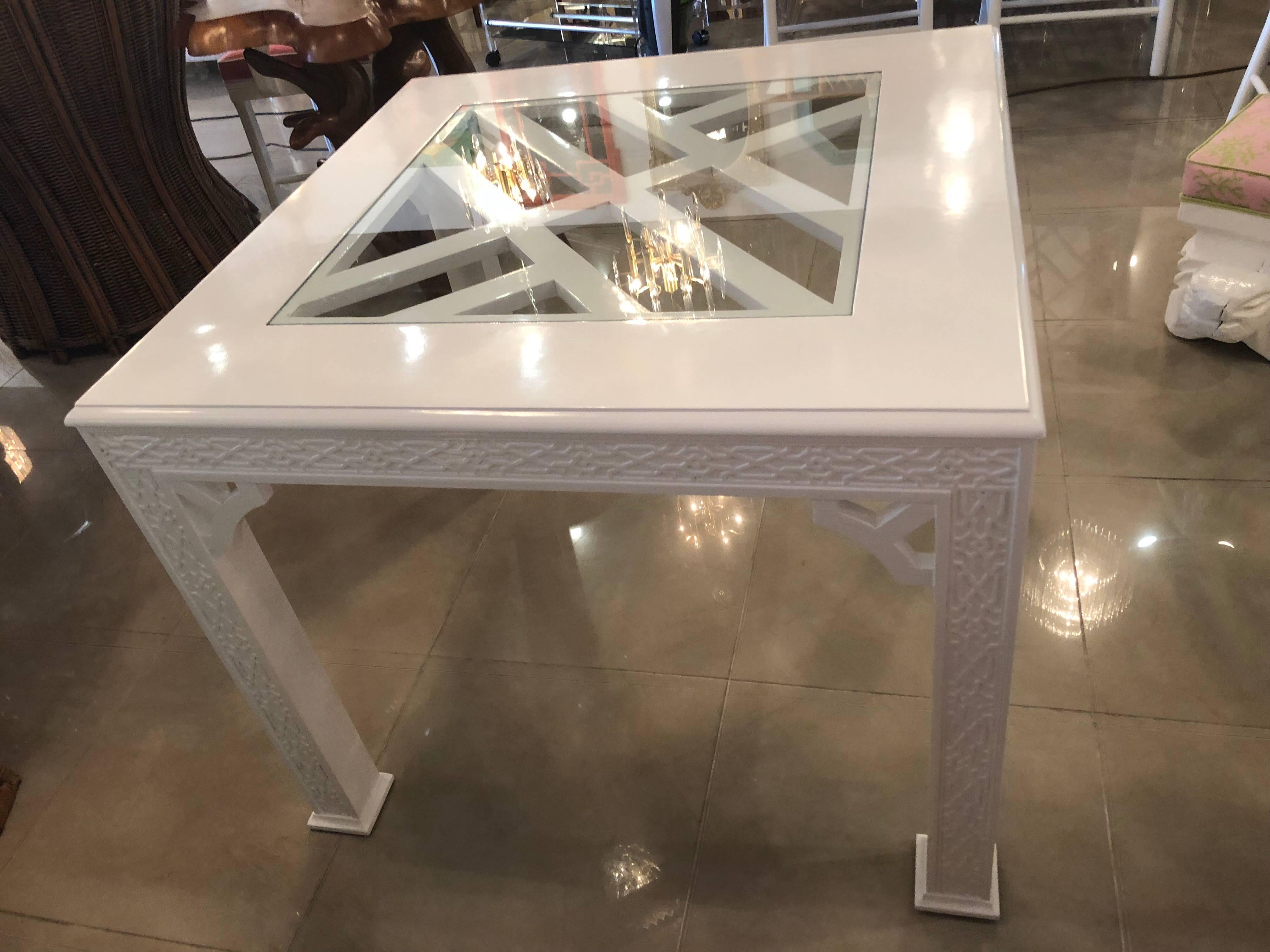American Vintage Fret Chinese Chippendale Game Dining Table Lacquered White Palm Beach