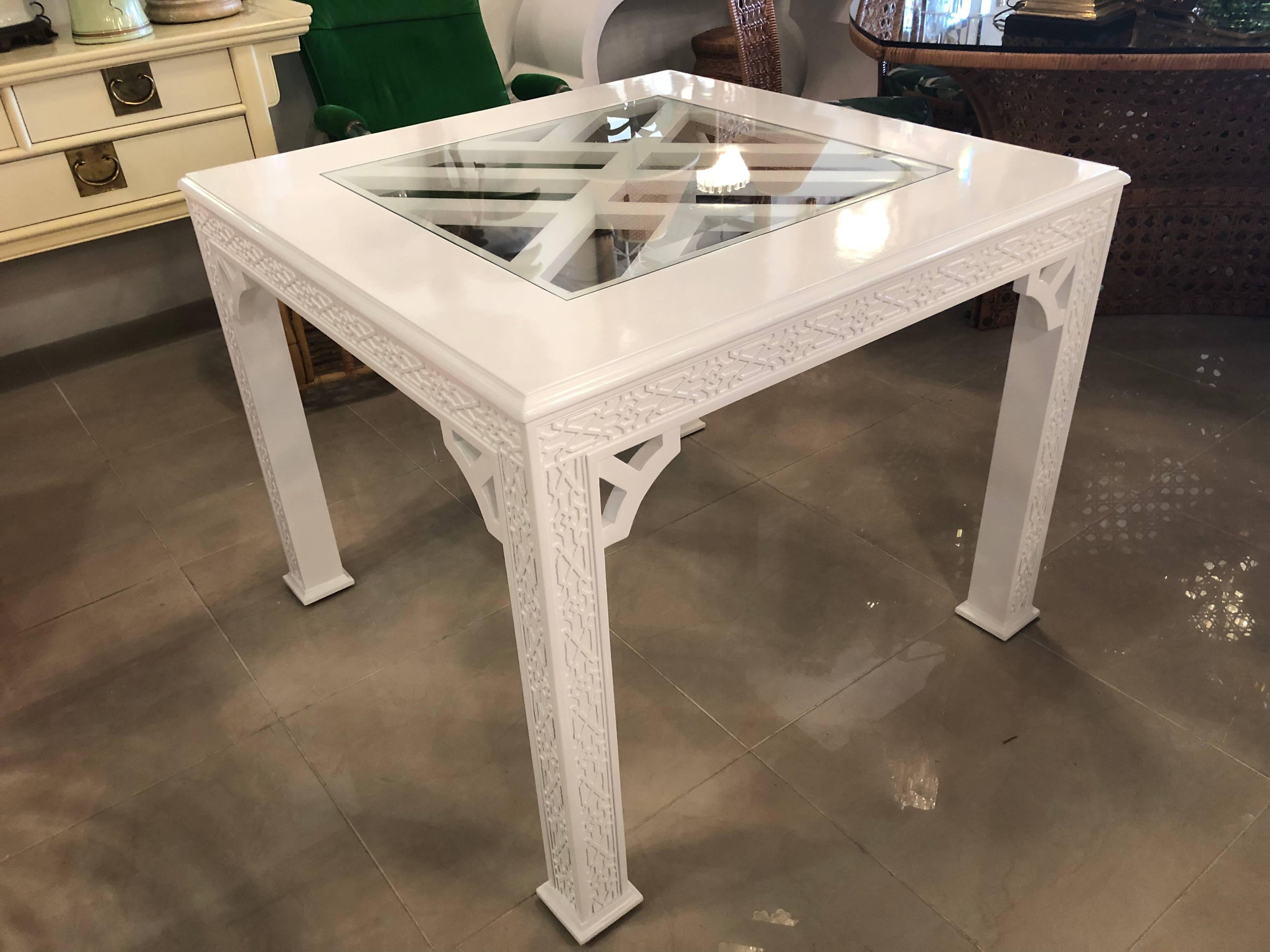 Vintage Fret Chinese Chippendale Game Dining Table Lacquered White Palm Beach In Excellent Condition In West Palm Beach, FL