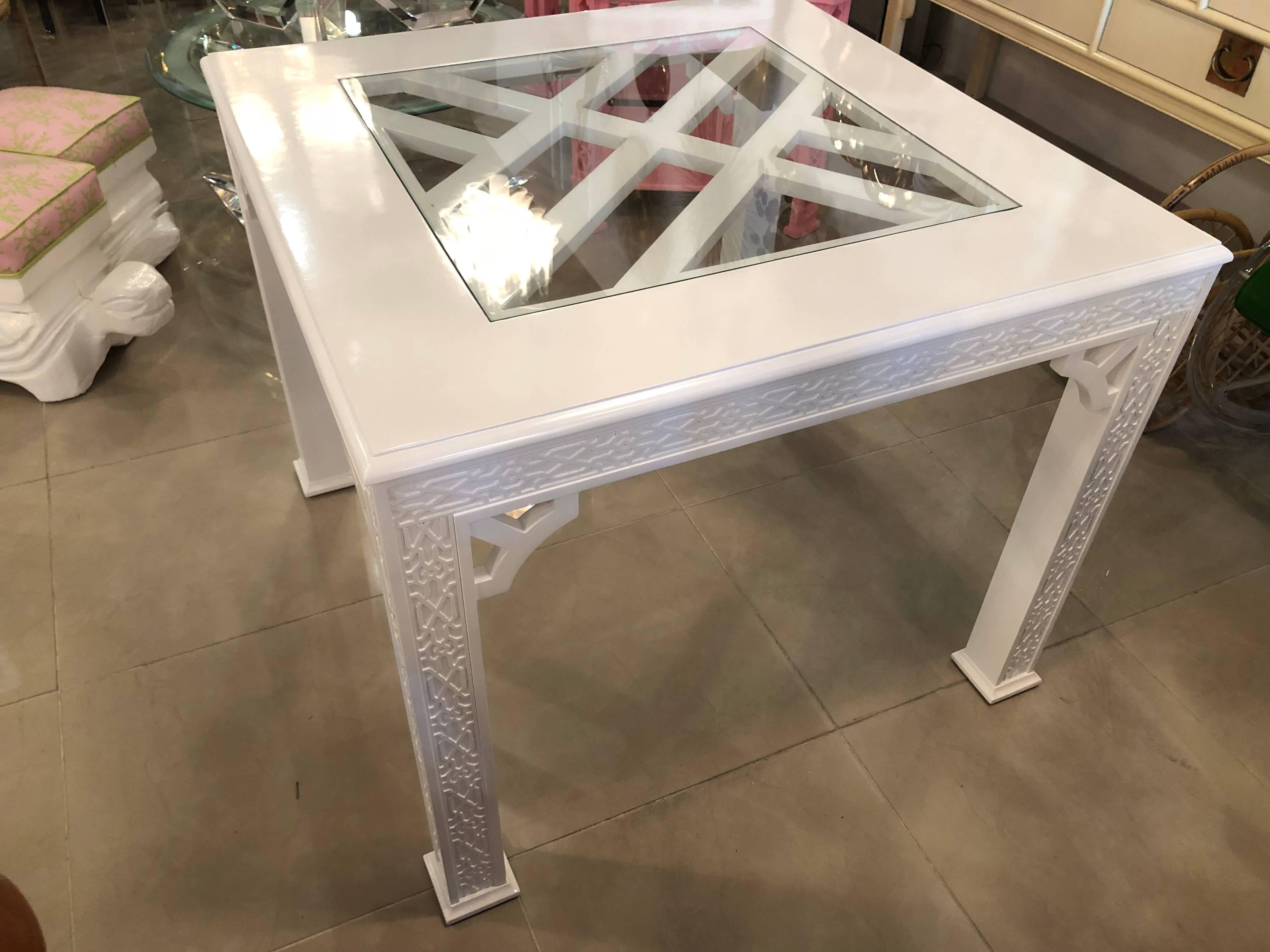 Late 20th Century Vintage Fret Chinese Chippendale Game Dining Table Lacquered White Palm Beach