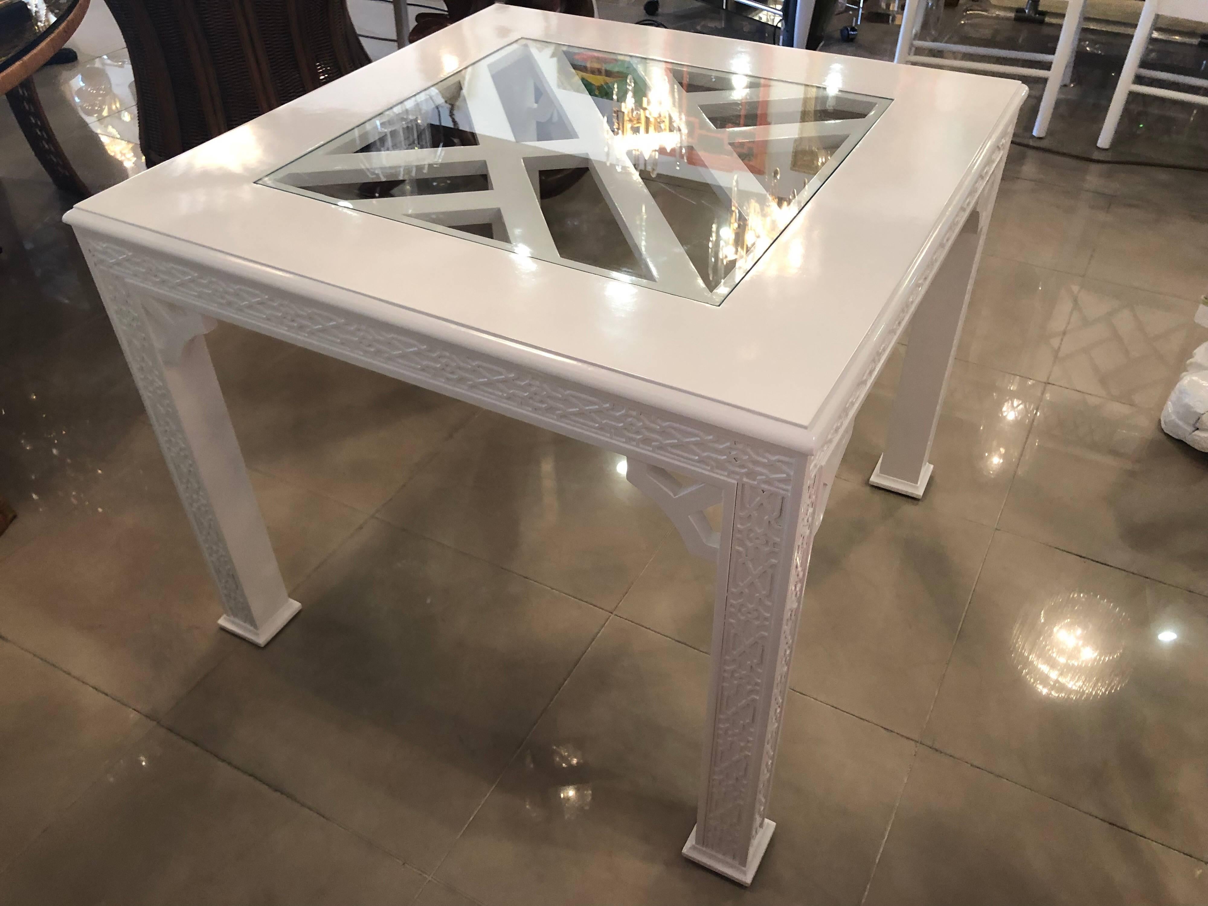 Glass Vintage Fret Chinese Chippendale Game Dining Table Lacquered White Palm Beach