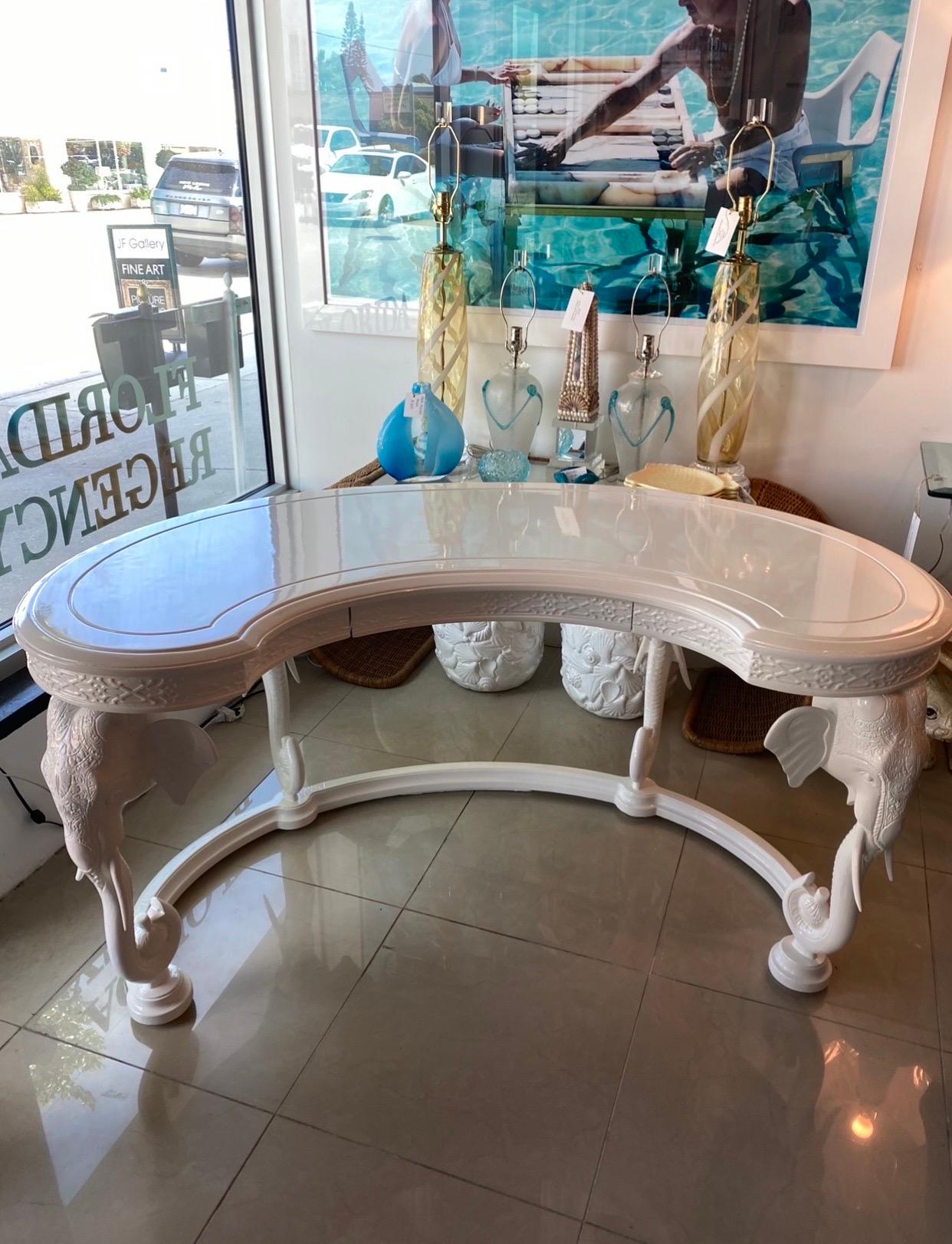 Vintage Gampel & Stoll kidney shaped elephant desk with drawer. This will be newly lacquered in color of your choice. Please allow 3-6 weeks to ship from time of color choice. Dimensions: 29.5 H x 30 D x 60 W.