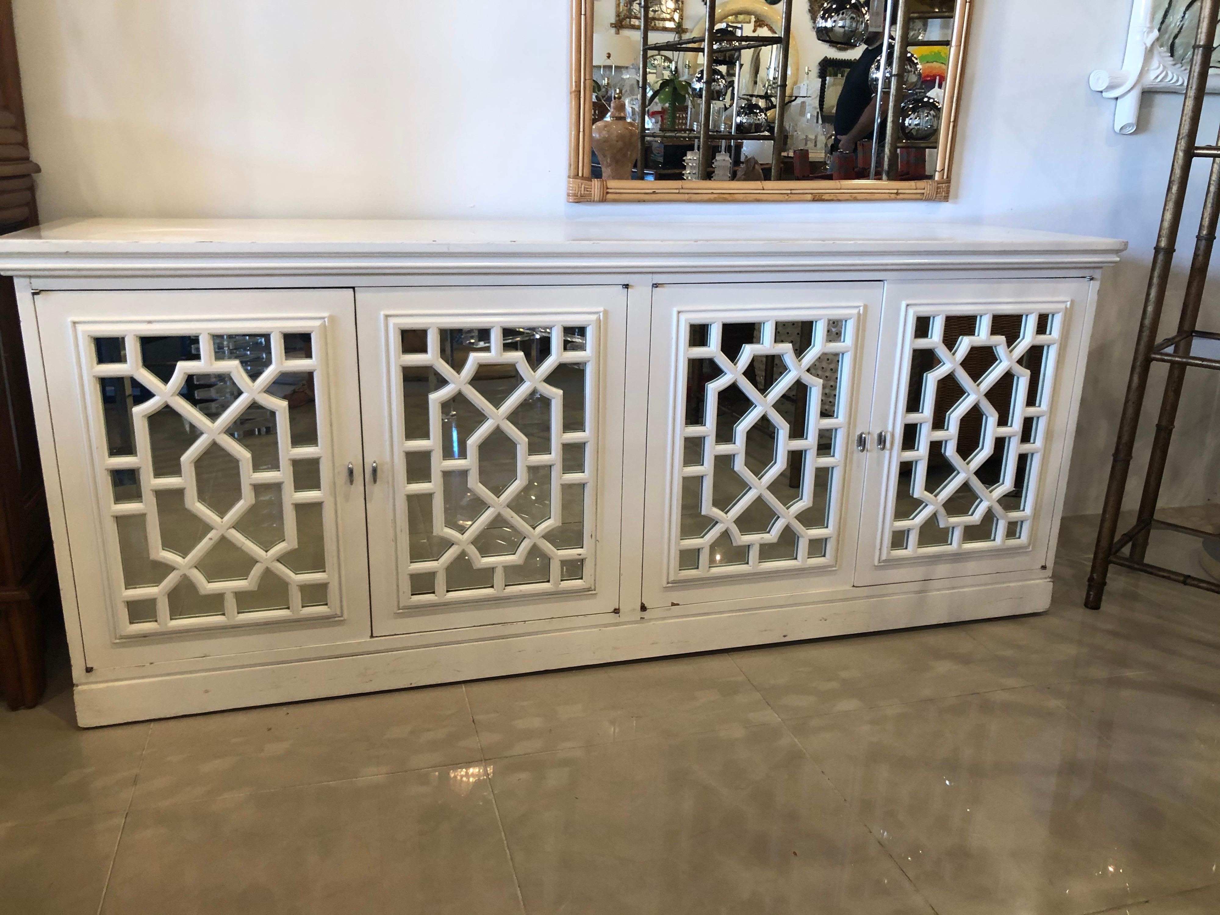 Vintage Fretwork Fret Chinese Chippendale Mirrored Cabinet Credenza Sideboard 3