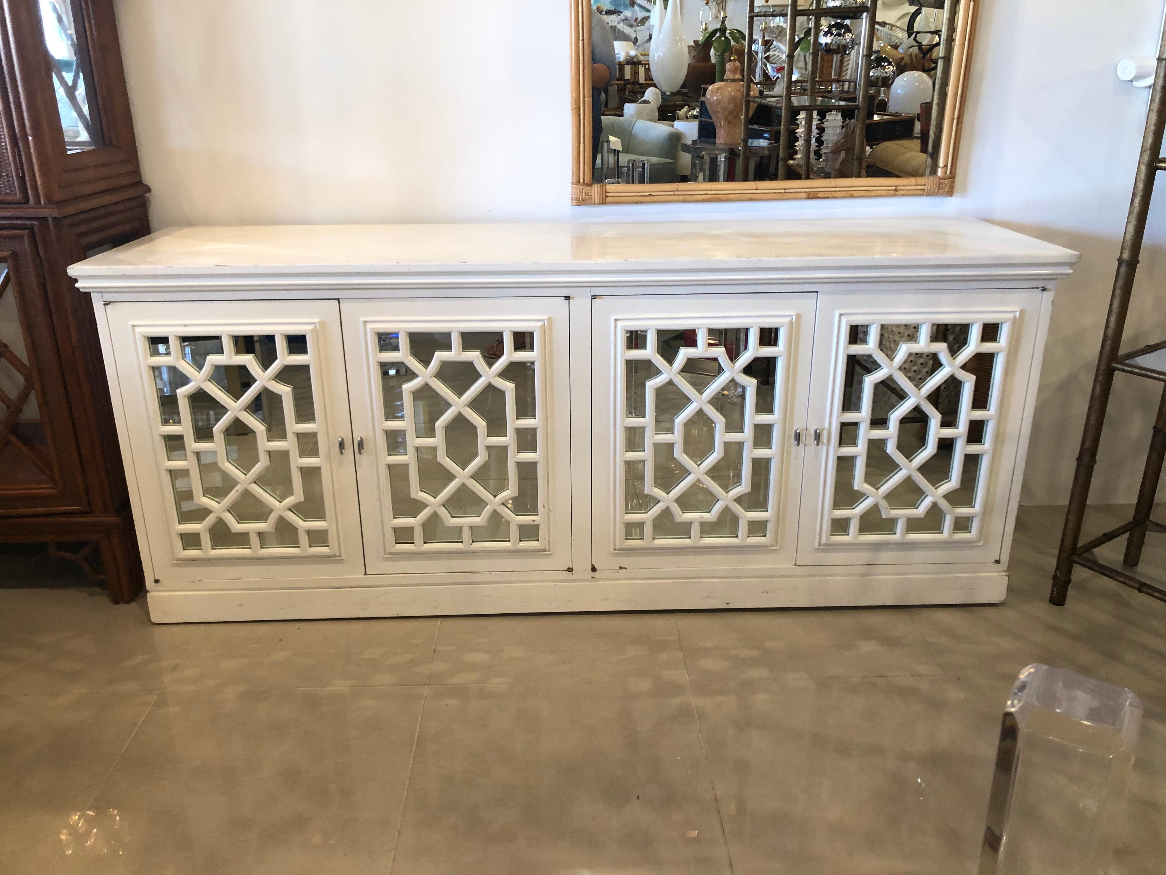 Vintage Fretwork Fret Chinese Chippendale Mirrored Cabinet Credenza Sideboard 4