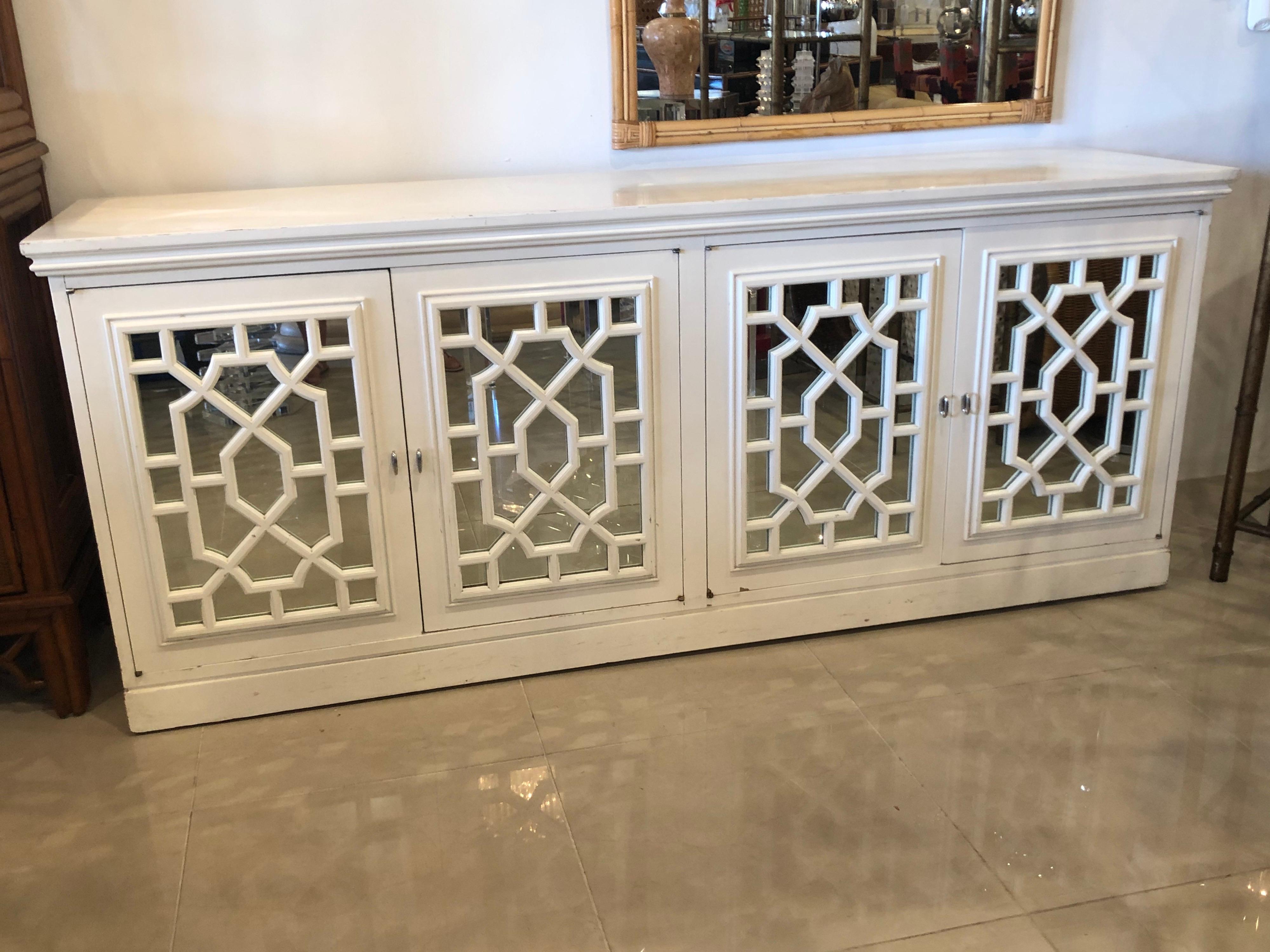 Vintage Fretwork Fret Chinese Chippendale Mirrored Cabinet Credenza Sideboard 5