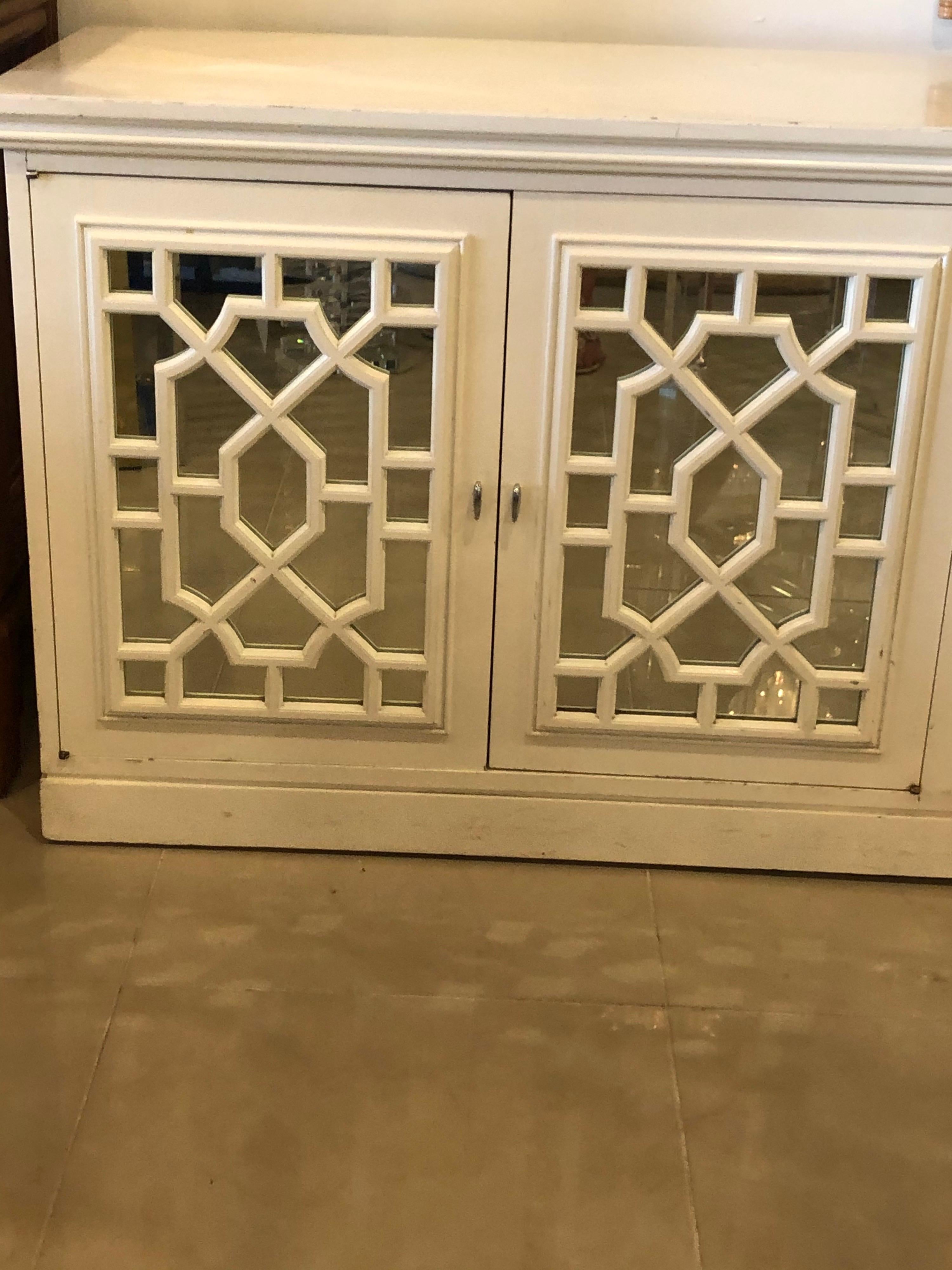 Hollywood Regency Vintage Fretwork Fret Chinese Chippendale Mirrored Cabinet Credenza Sideboard