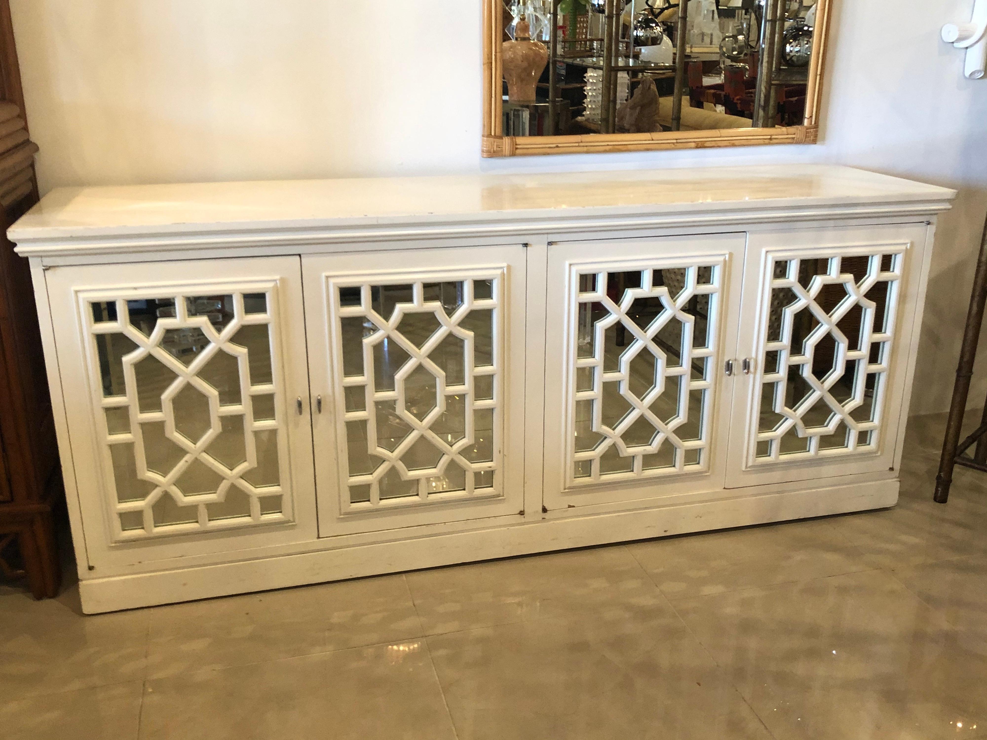 American Vintage Fretwork Fret Chinese Chippendale Mirrored Cabinet Credenza Sideboard