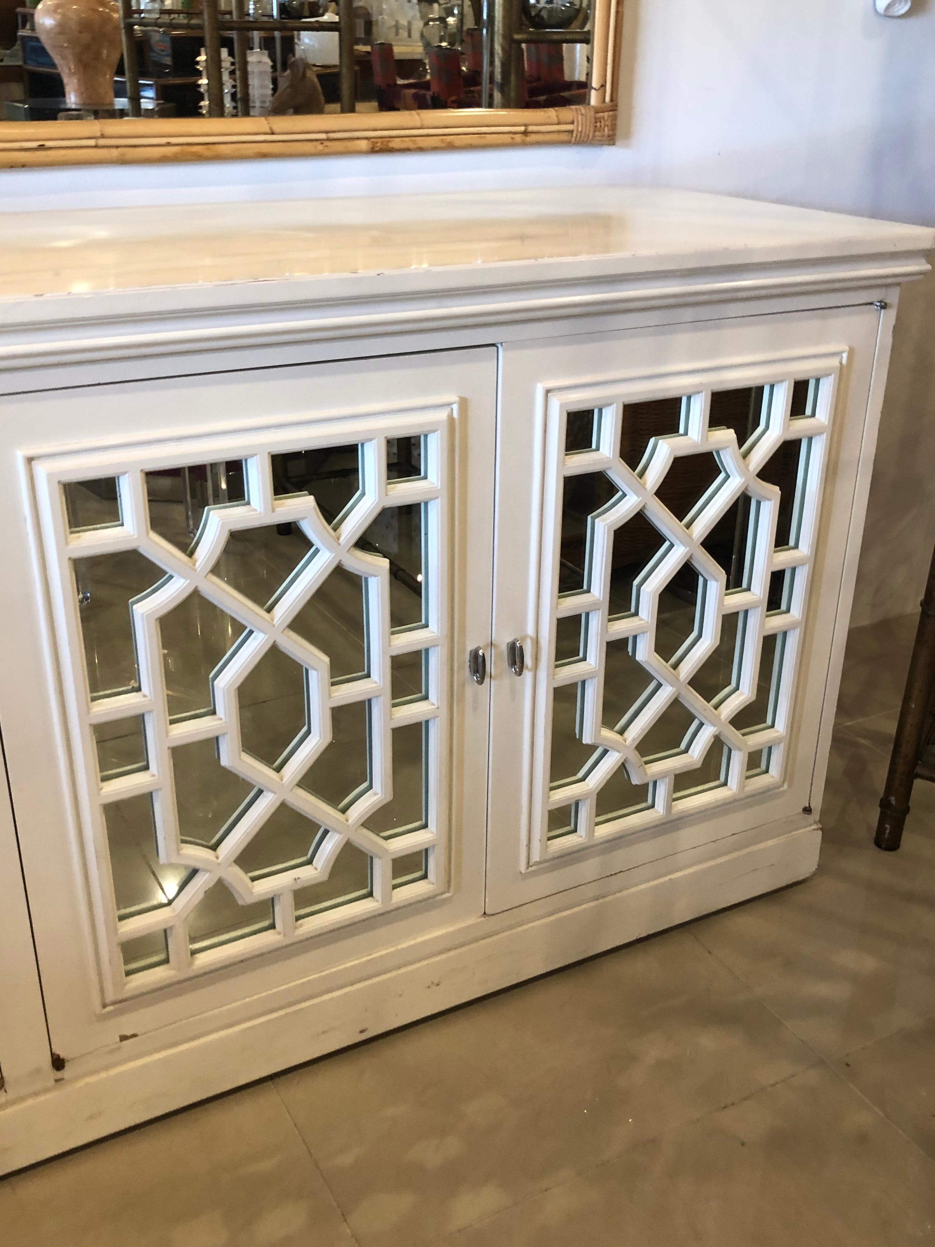 Late 20th Century Vintage Fretwork Fret Chinese Chippendale Mirrored Cabinet Credenza Sideboard