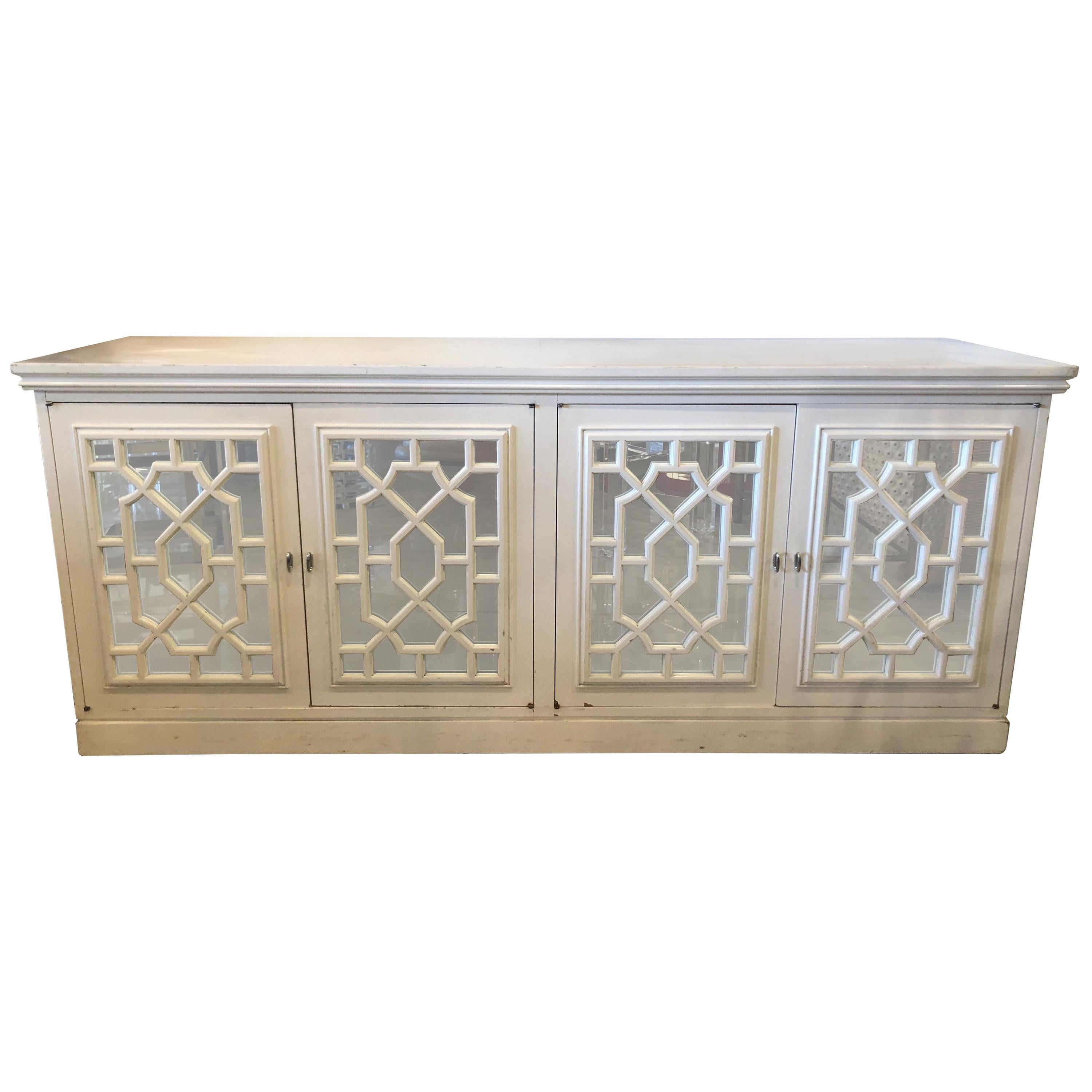 Vintage Fretwork Fret Chinese Chippendale Mirrored Cabinet Credenza Sideboard