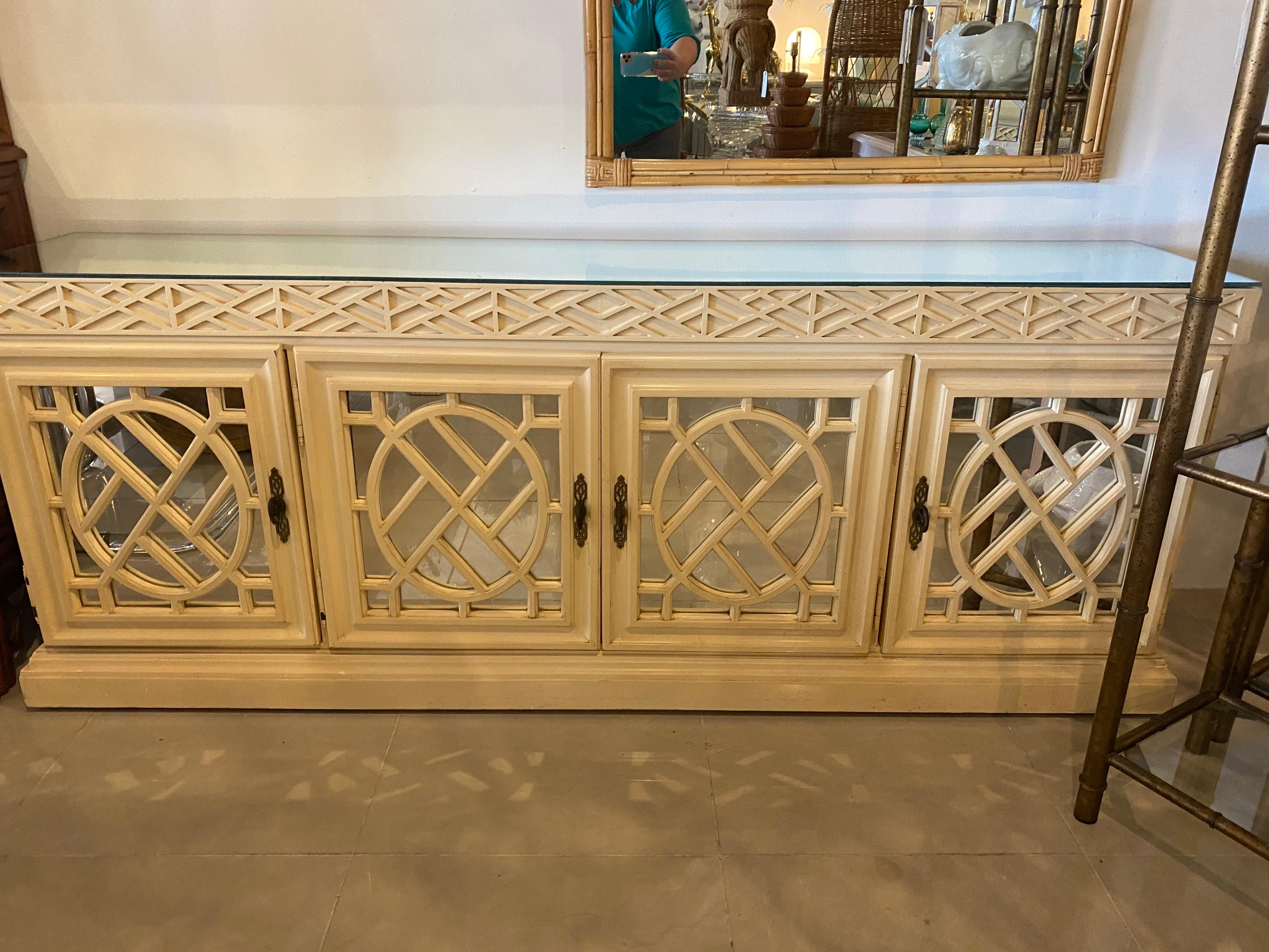 Vintage Fretwork Fret Work Chinese Chippendale Mirrored Credenza Buffet Cabinet 4