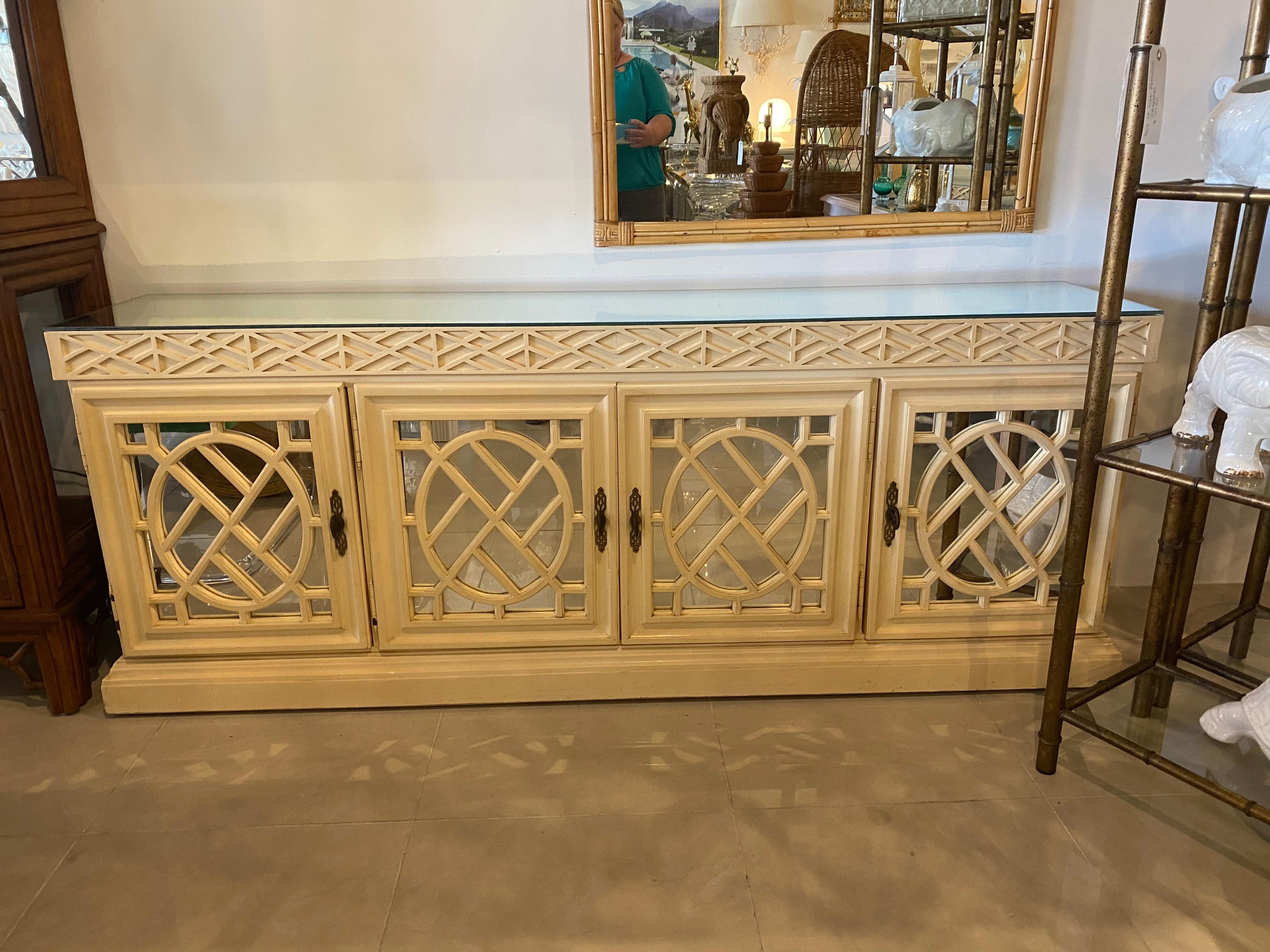 Vintage Fretwork Fret Work Chinese Chippendale Mirrored Credenza Buffet Cabinet 5