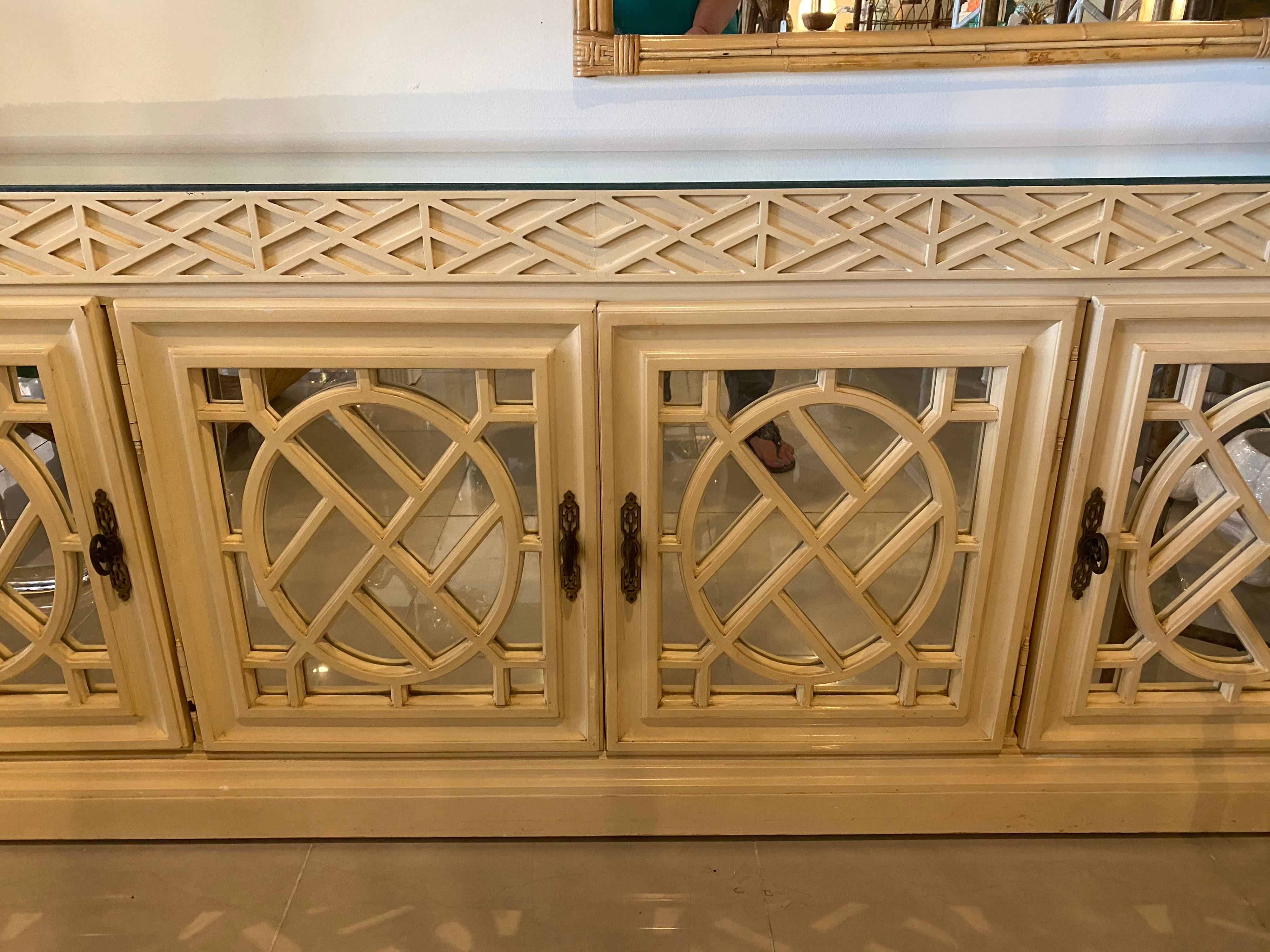Vintage Fretwork Fret Work Chinese Chippendale Mirrored Credenza Buffet Cabinet 6