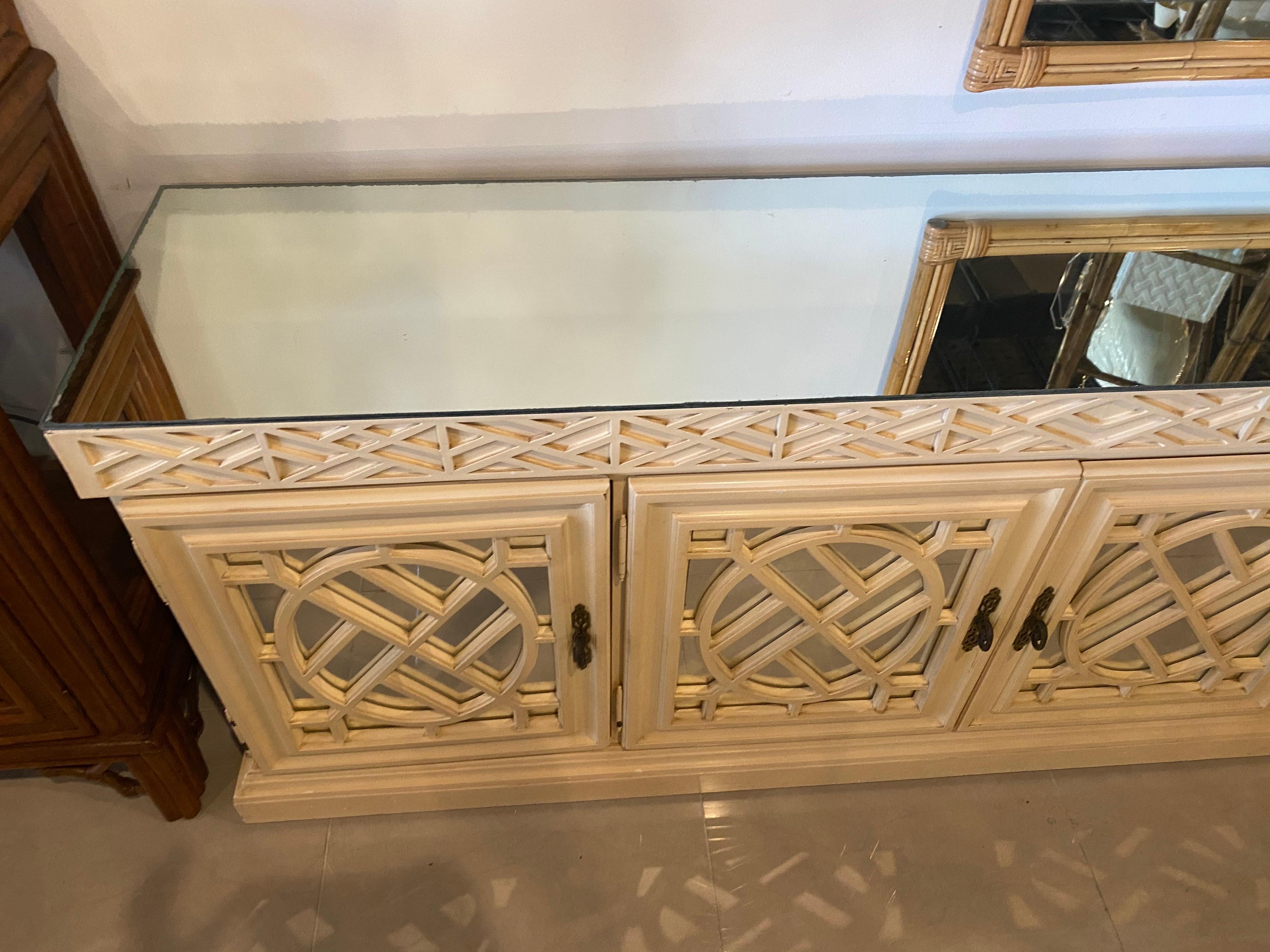 Vintage Fretwork Fret Work Chinese Chippendale Mirrored Credenza Buffet Cabinet 10