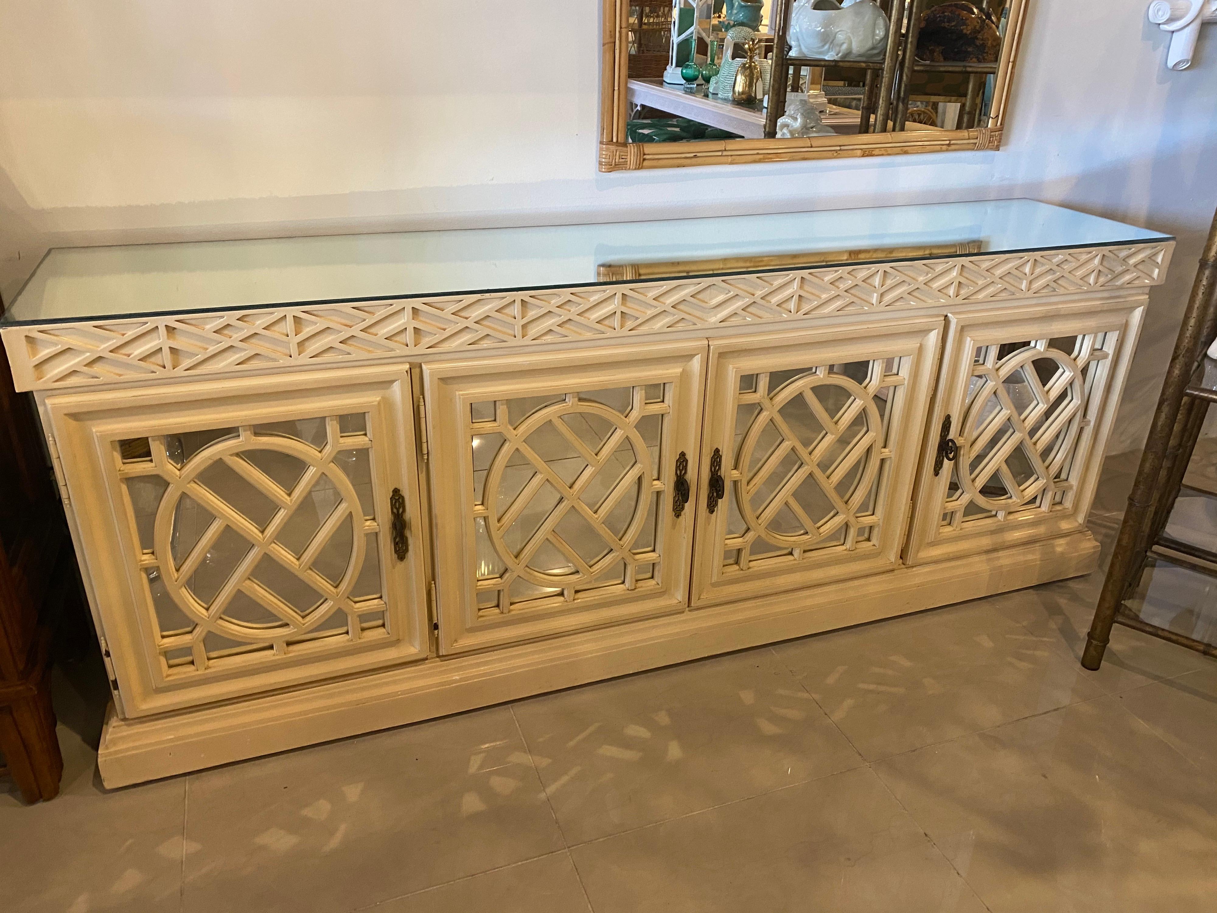 Vintage Fretwork Fret Work Chinese Chippendale Mirrored Credenza Buffet Cabinet 12
