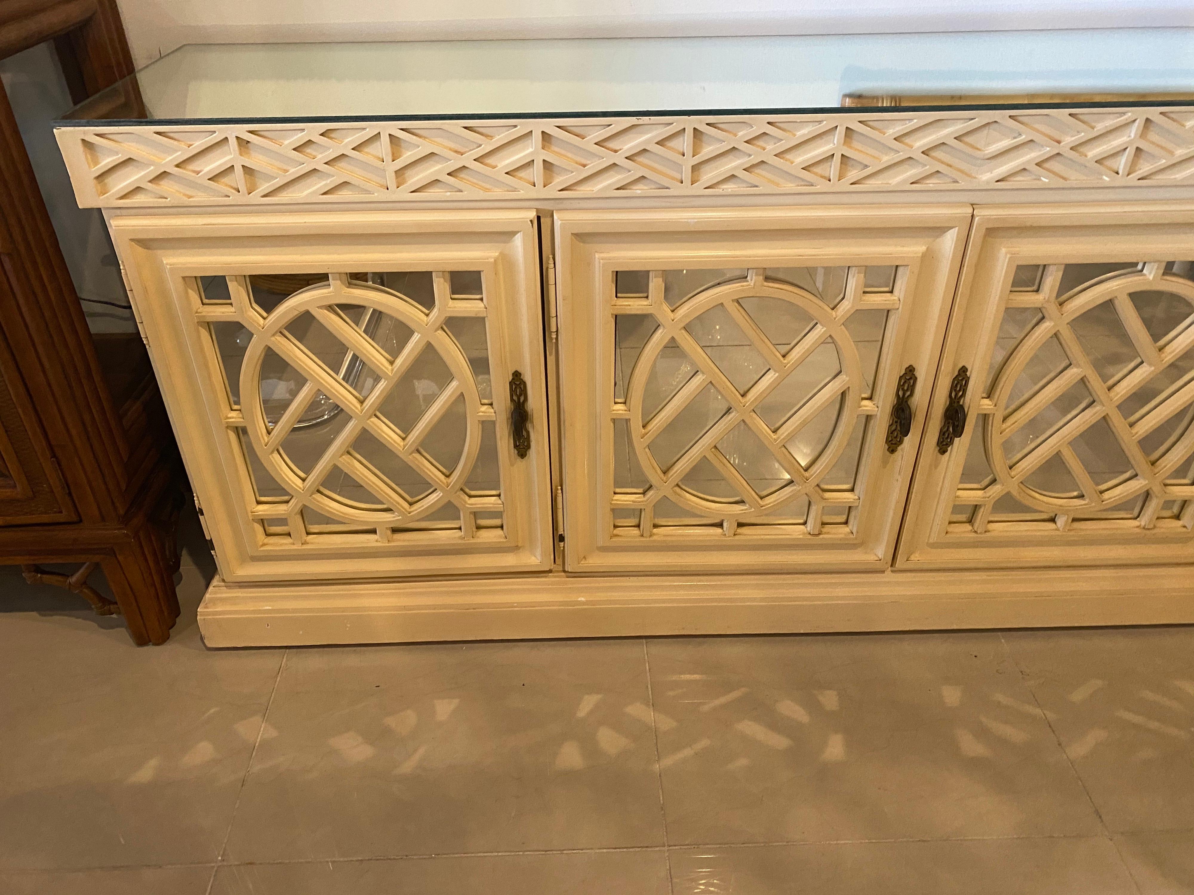 American Vintage Fretwork Fret Work Chinese Chippendale Mirrored Credenza Buffet Cabinet