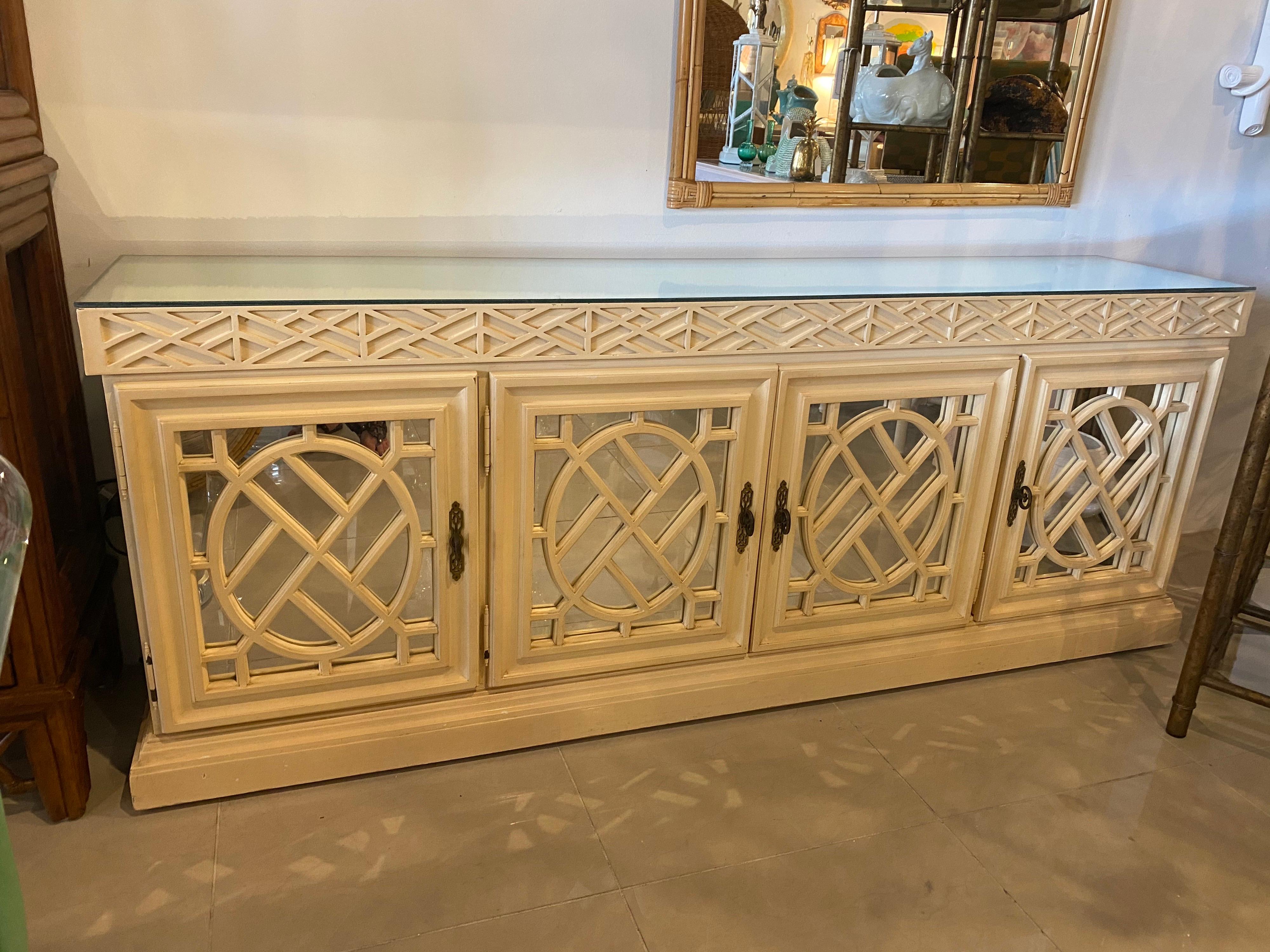 Late 20th Century Vintage Fretwork Fret Work Chinese Chippendale Mirrored Credenza Buffet Cabinet